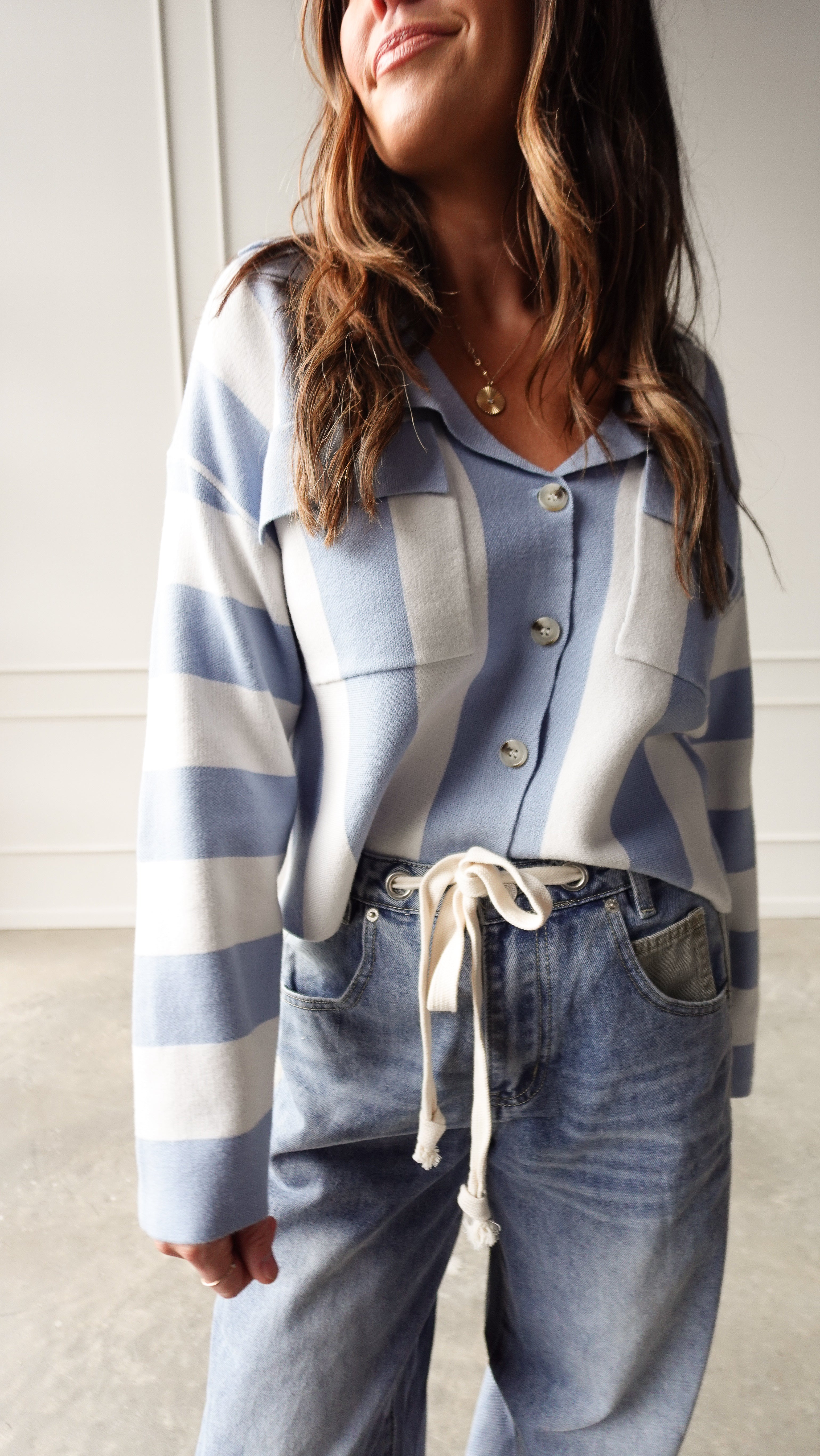 Blue Striped Collared Cardigan | Elegant Women's Fashion by coolavocek