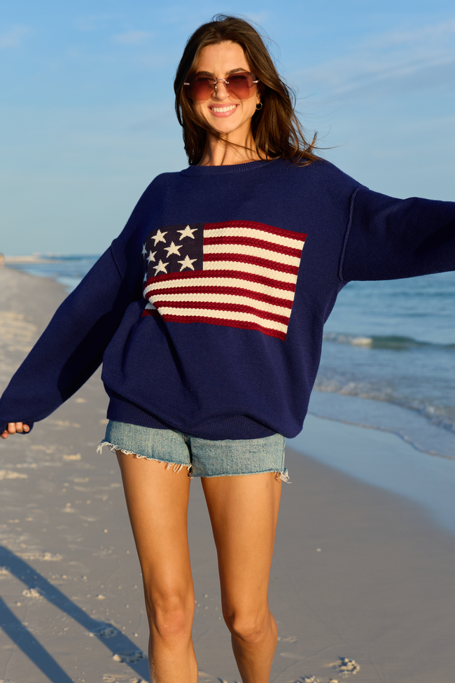 Home Of The Free Navy Textured Flag Sweater DOORBUSTER | Elegant Women's Fashion by coolavocek