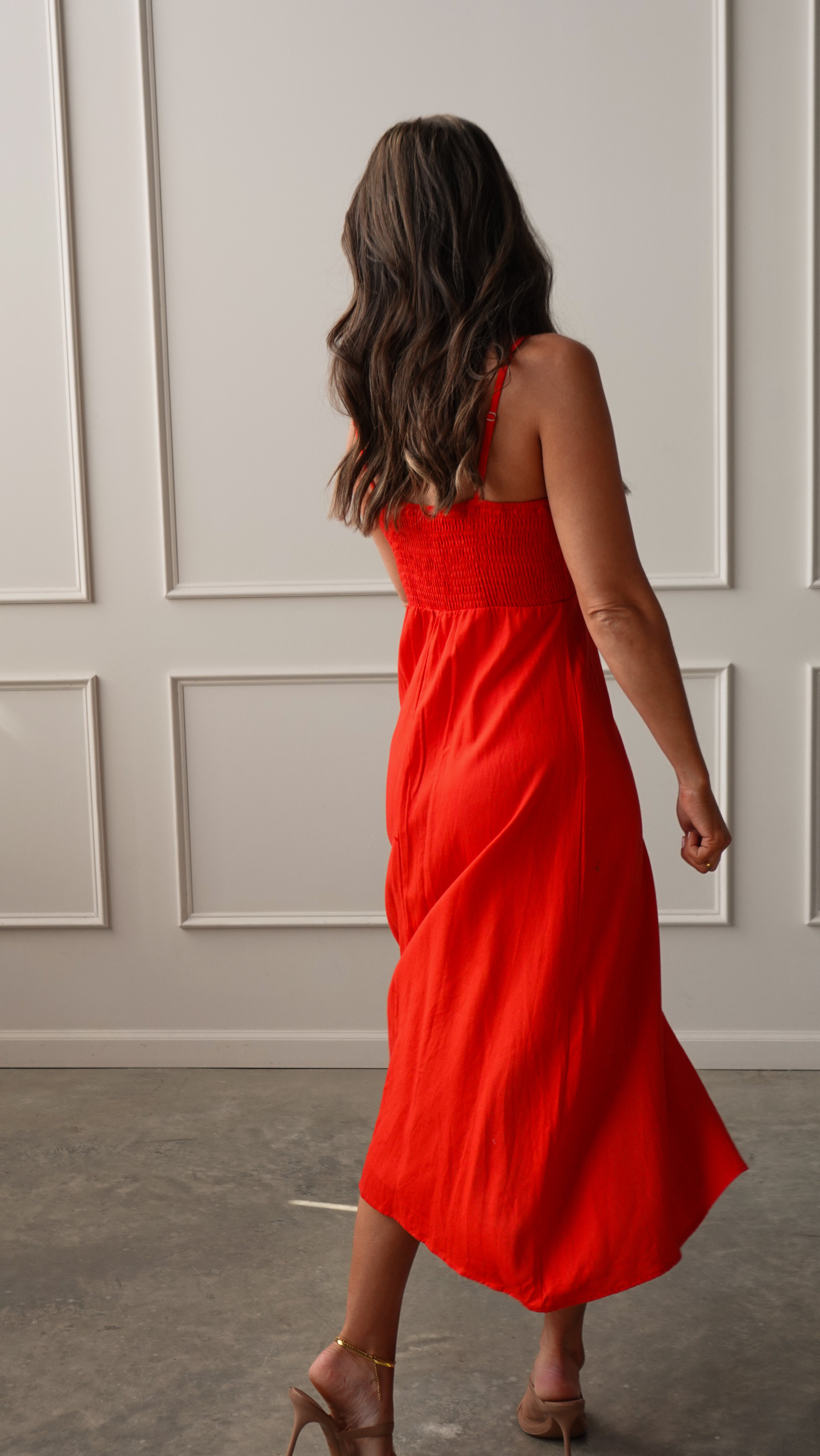 Red Midi Dress with Buttons | Elegant Women's Fashion by coolavocek