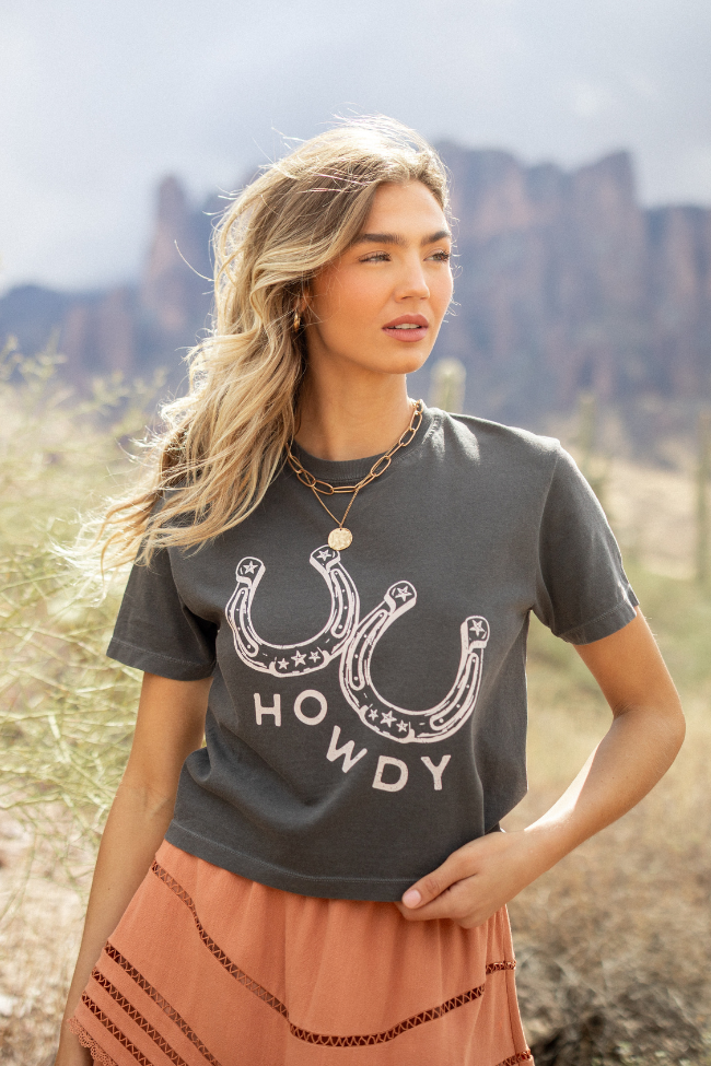 Howdy Horseshoes Dark Grey Boxy Graphic Tee DOORBUSTER | Elegant Women's Fashion by coolavocek