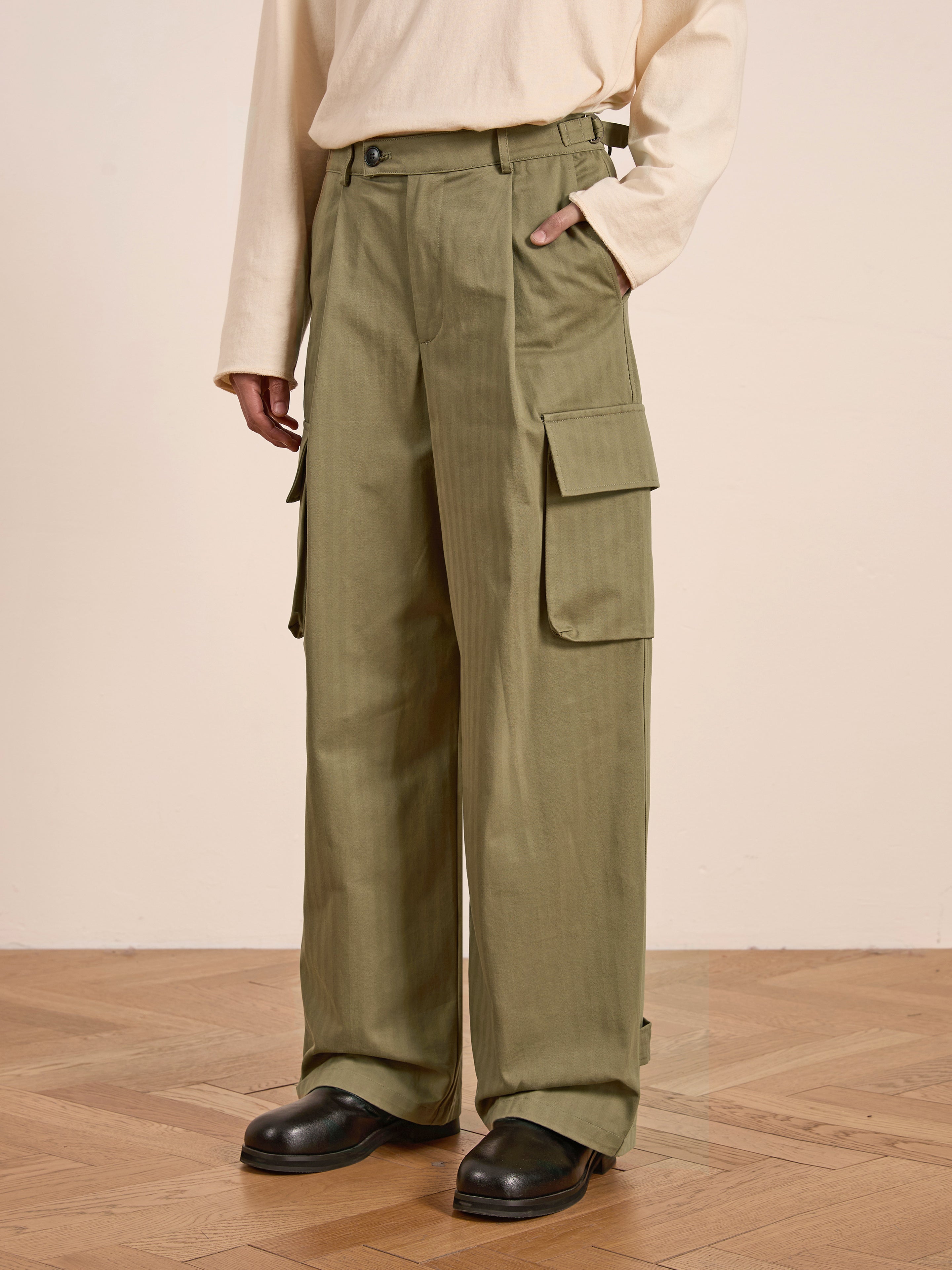 Hava Herringbone Pleated Cargo Trousers | Modern Menswear by yycbvcnbmmnbm