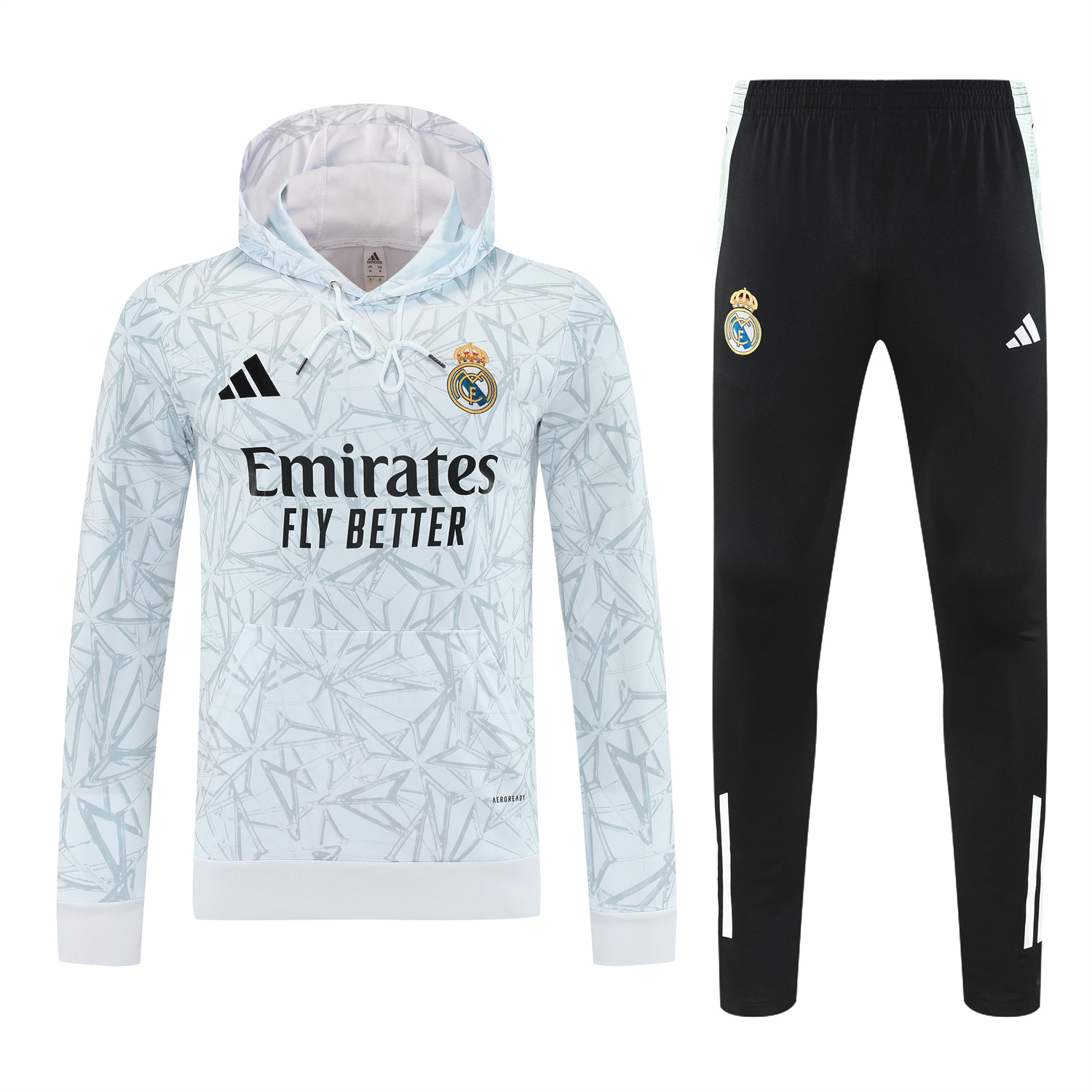 AlphaJersey-Real Madrid 25-26 Traning Hoodie Set - Triangular Spots White Hoodie With Black Pants