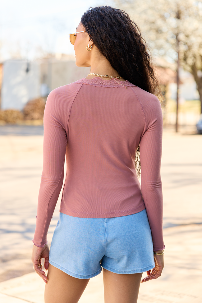Amity Blush Long Sleeve Lace Trim Top | Elegant Women's Fashion by coolavocek