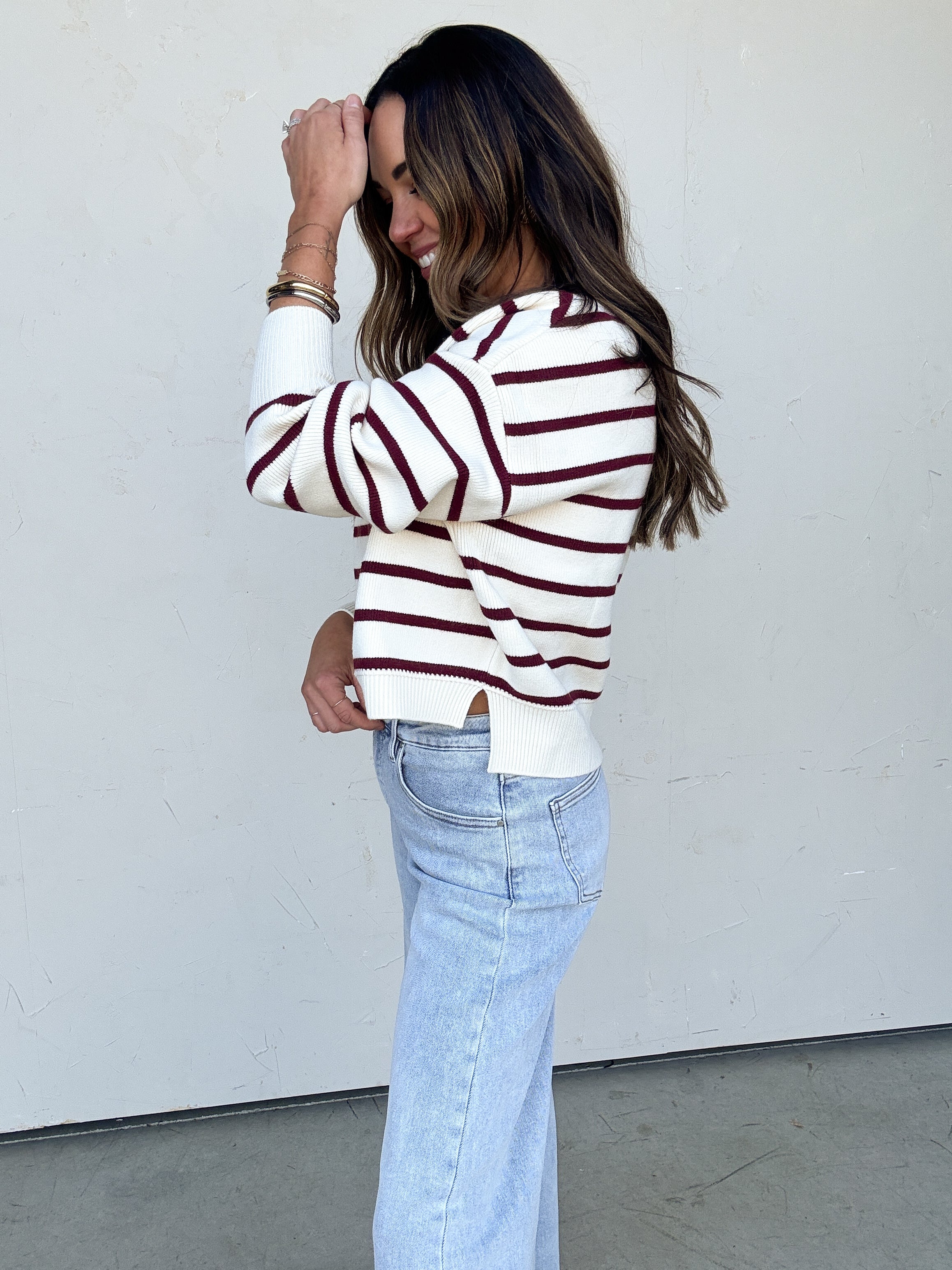 Ivory/Burgundy Striped Sweater | Elegant Women's Fashion by coolavocek