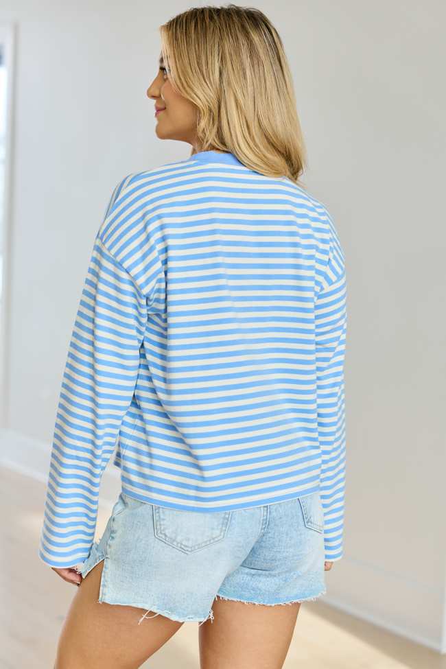 Nylah Blue Striped Long Sleeve Crewneck Top | Elegant Women's Fashion by coolavocek
