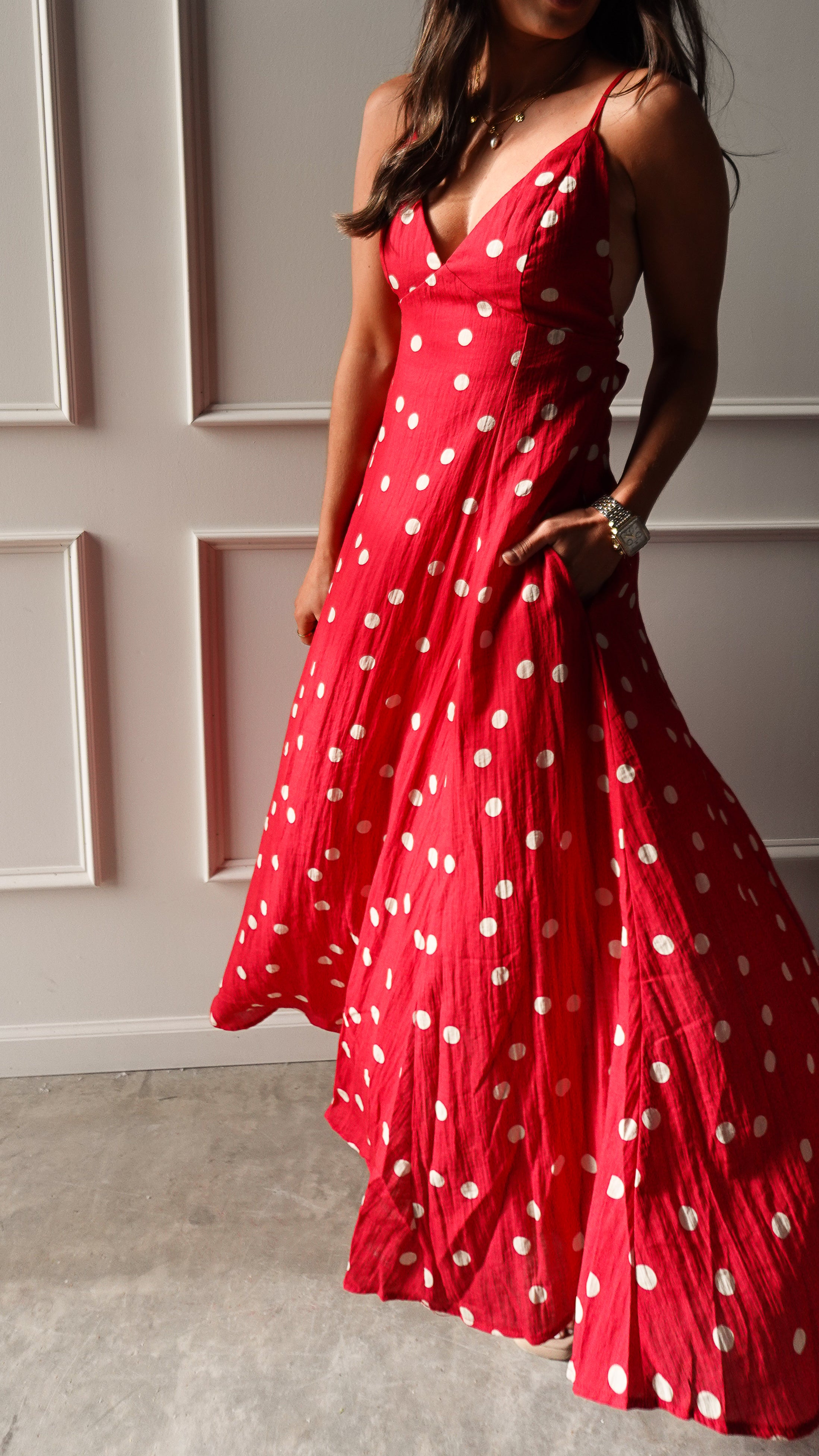 Red Polka Dot Linen Dress | Elegant Women's Fashion by coolavocek
