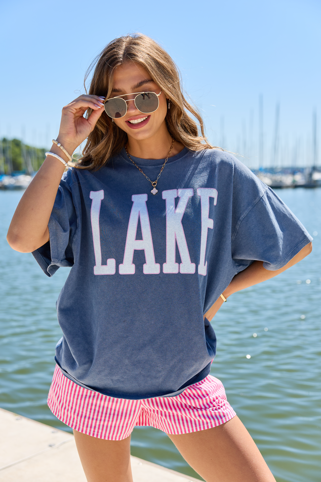Lake Block Navy Oversized Graphic Tee | Elegant Women's Fashion by coolavocek