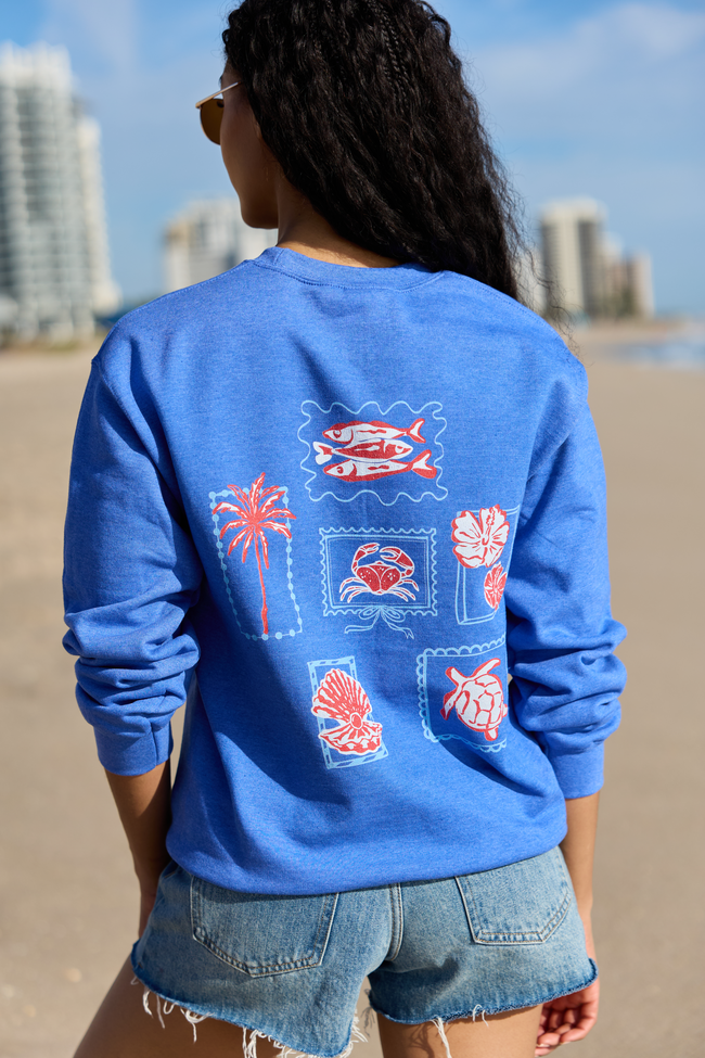 Coastal Stamps Blue Graphic Sweatshirt | Elegant Women's Fashion by coolavocek
