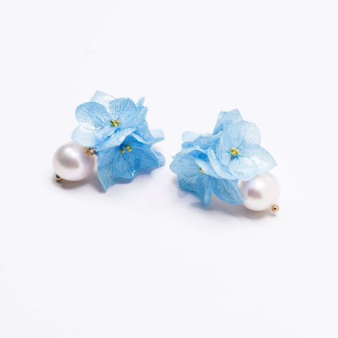 blue stud flower earrings, mother of pearl, statement real flower earrings