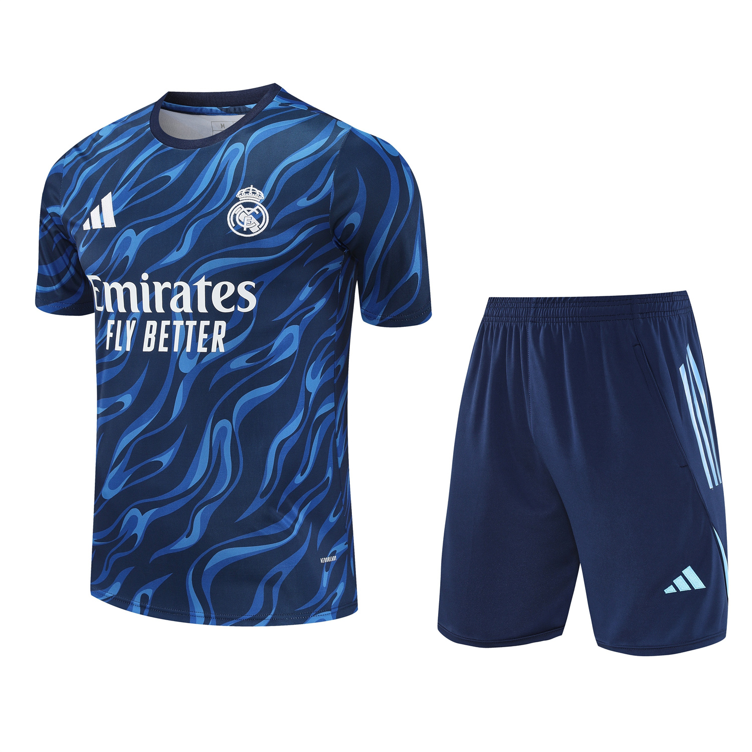 AlphaJersey-Real Madrid 25-26 Short-Sleeve Training Set - Blue Water Pattern Top & Deep Blue Shorts