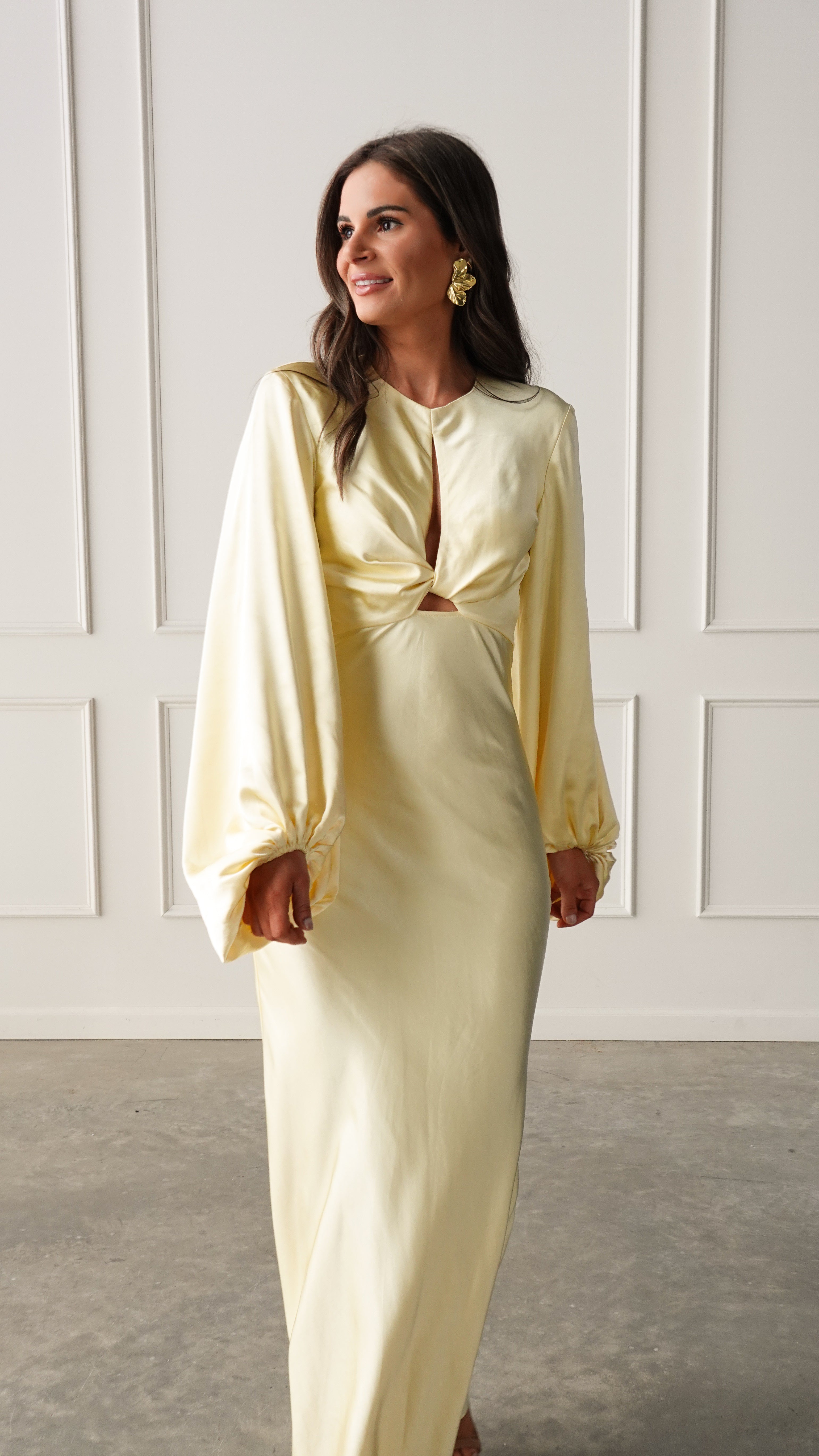 Yellow Long Sleeve Satin Dress | Elegant Women's Fashion by coolavocek