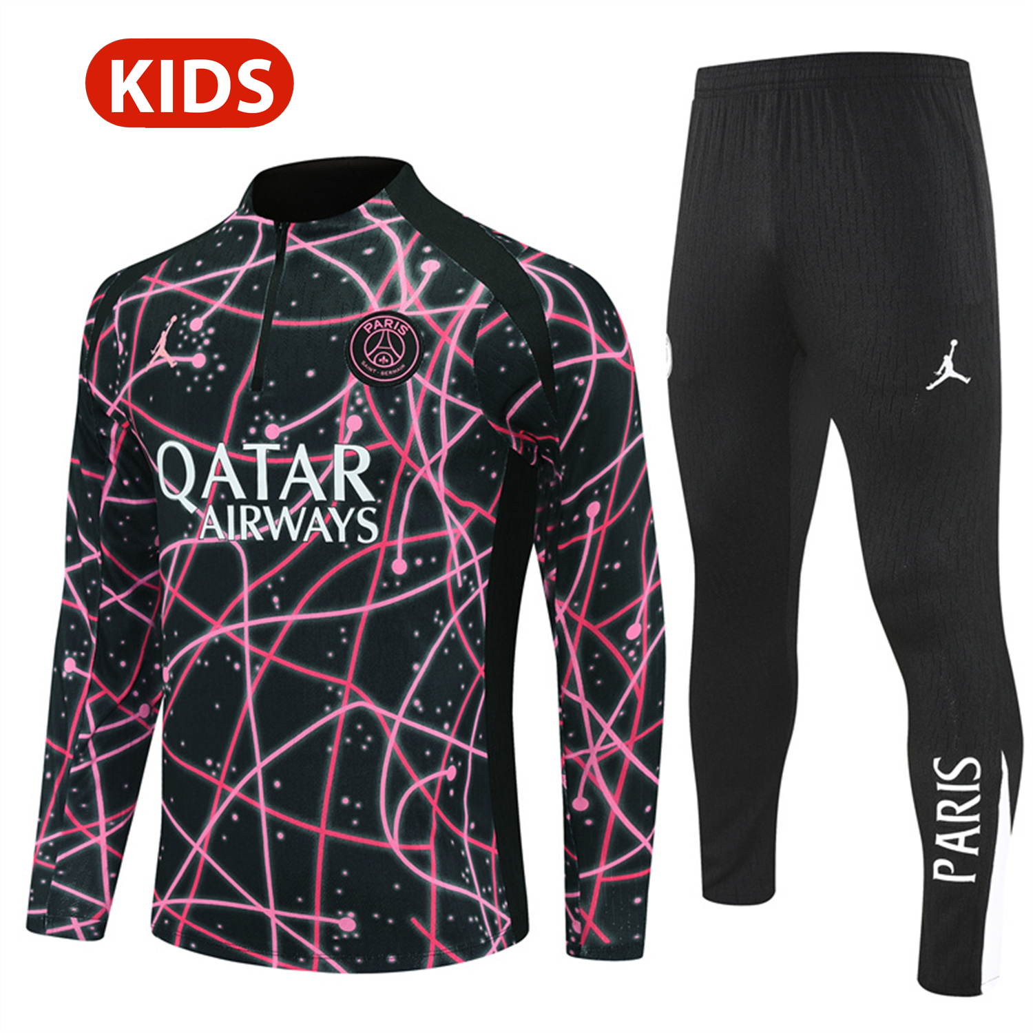 AlphaJersey-Paris Saint-Germain PSG 25-26 Kids Long Sleeve Training Set - JD Black Pink Top and Black Pants