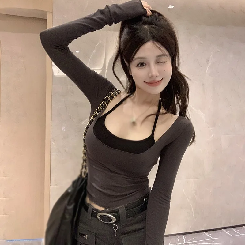 Spring Slim Long Sleeves T-shirt Women's Short Camisole Summer Outdoor Street Mall Shopping Tops Cooling Clothes Two Piece Set