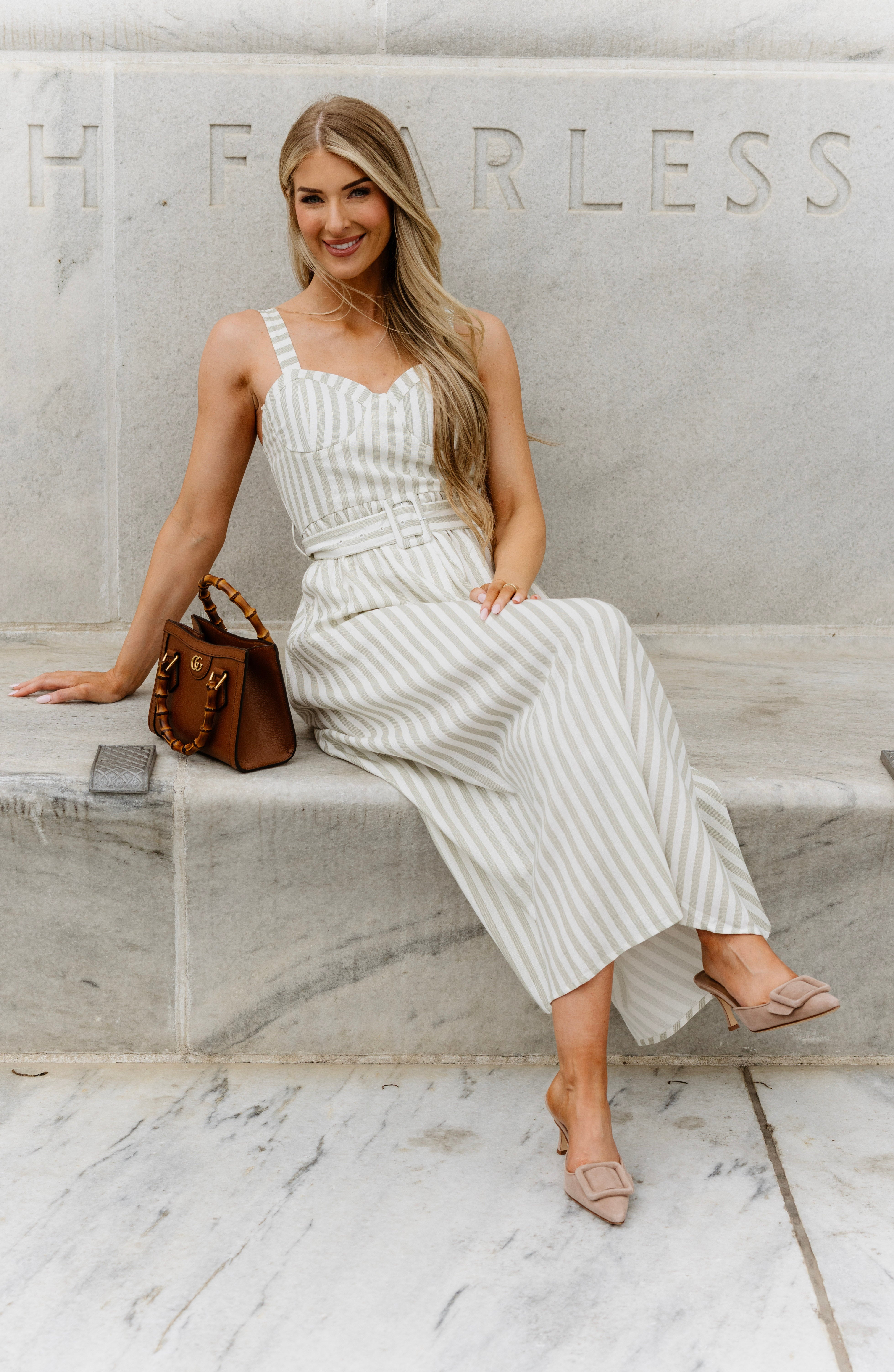 Green Stripe Belted Midi Dress | Elegant Women's Fashion by coolavocek