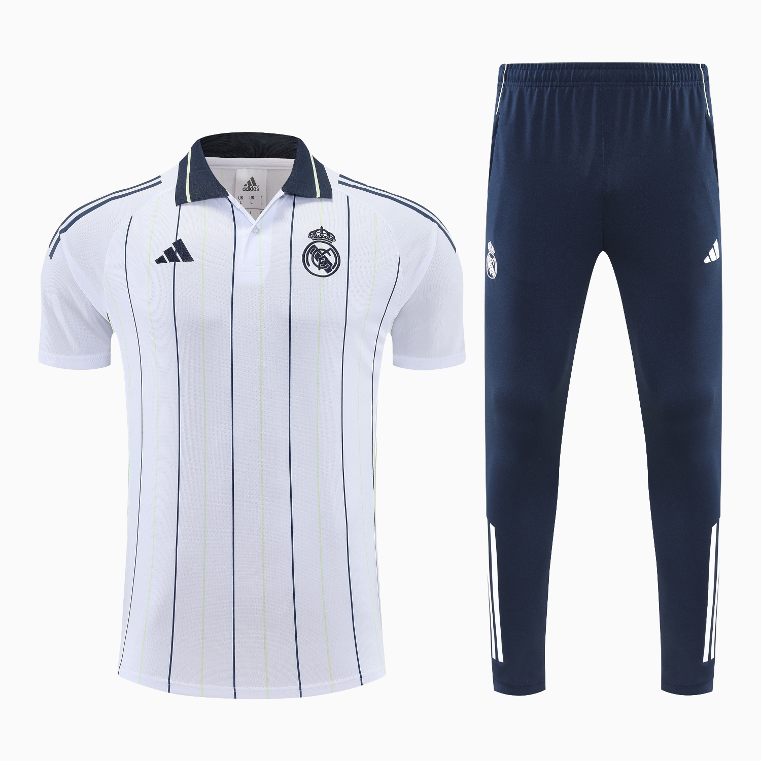 AlphaJersey-Real Madrid 25-26 POLO Short-Sleeve Training Set - Black Line White Top and Black Pants