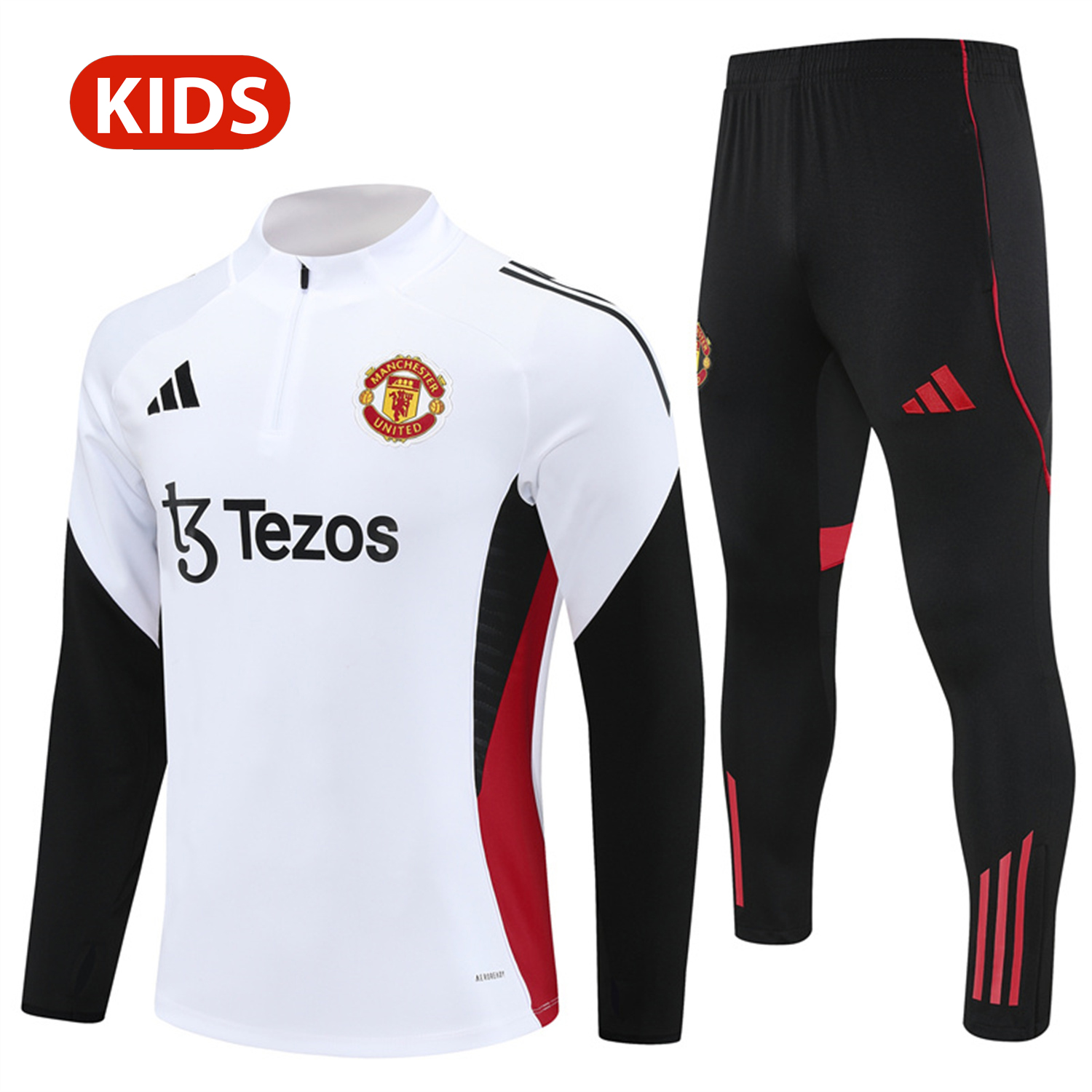 AlphaJersey-Manchester United 25-26 Kid Long Sleeves Training Set - White Top & Black Pants