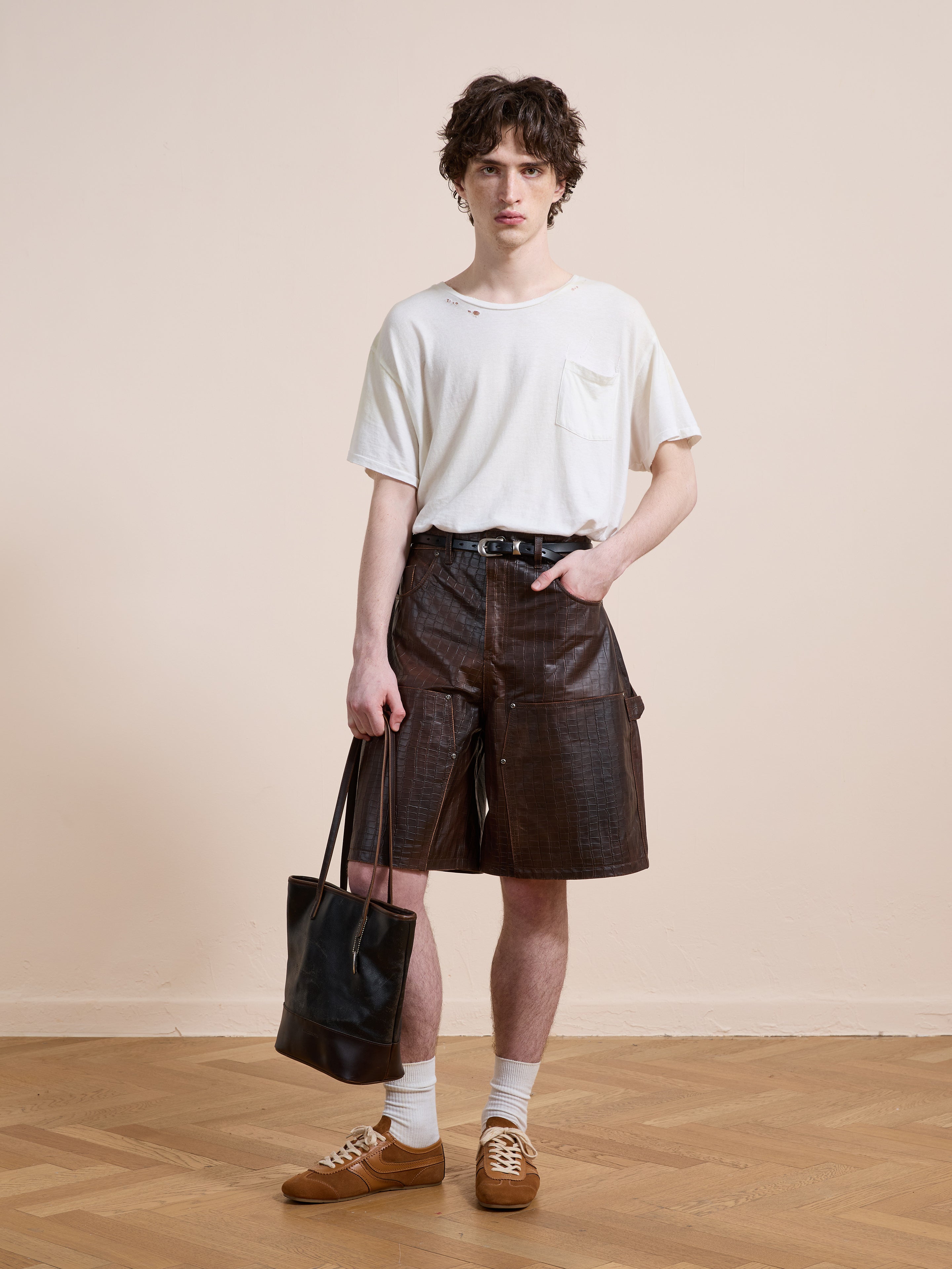 Distressed Croc Embossed Leather Shorts | Modern Menswear by yycbvcnbmmnbm