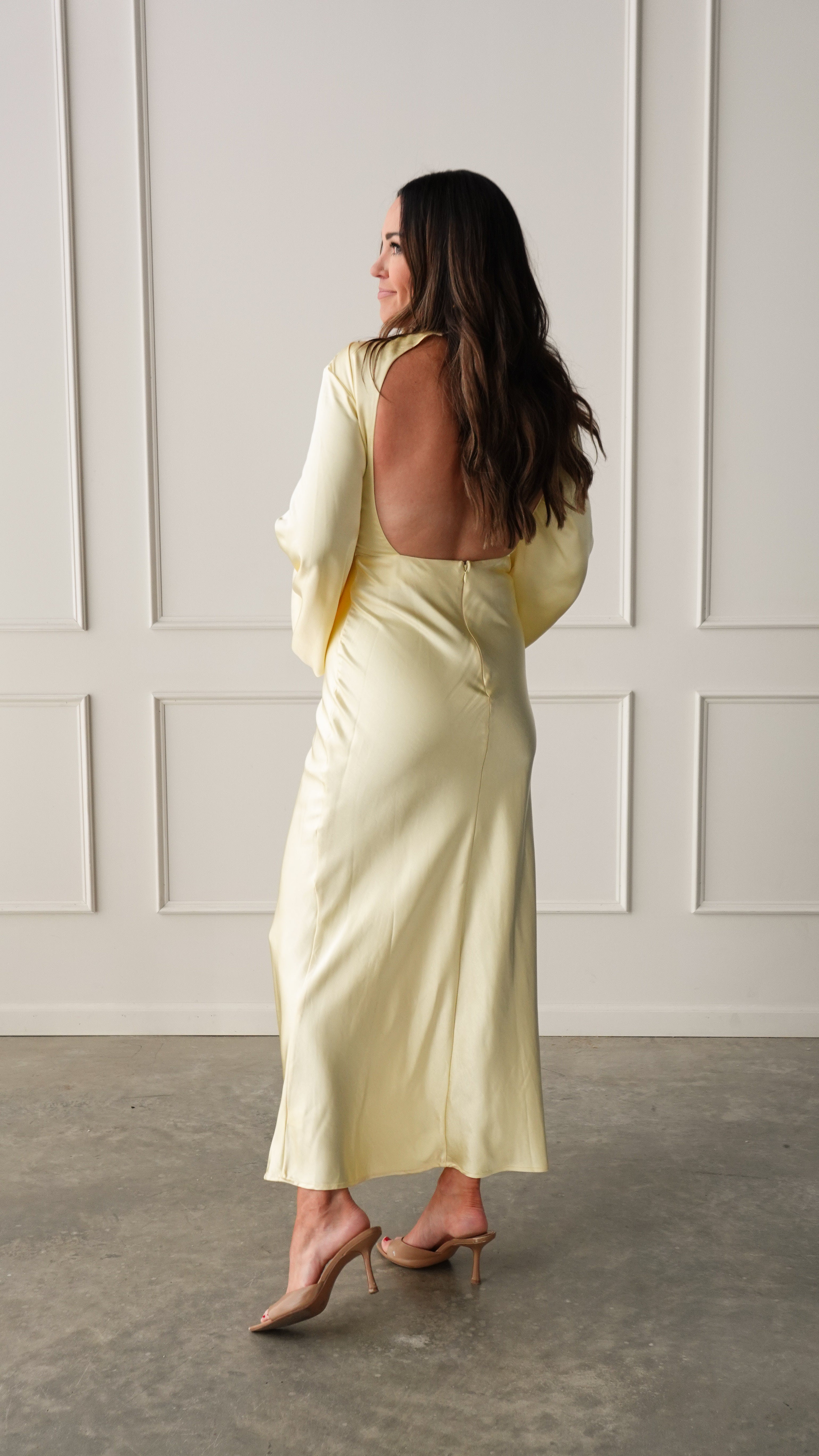 Yellow Long Sleeve Satin Dress | Elegant Women's Fashion by coolavocek
