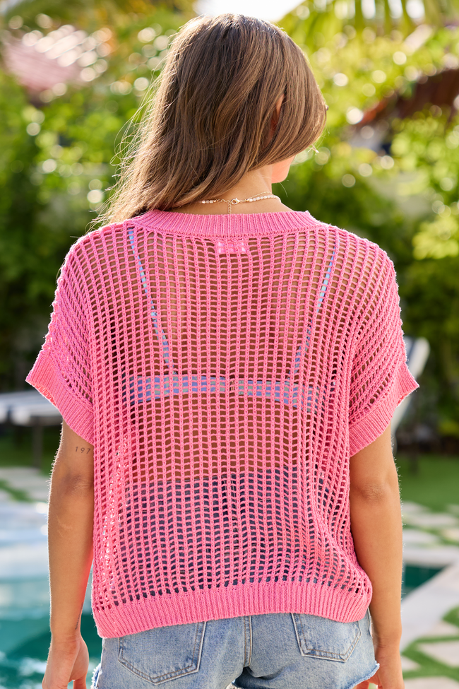 Wave Of Relief Pink Short Sleeve Open Knit Cover Up Sweater SALE | Elegant Women's Fashion by coolavocek