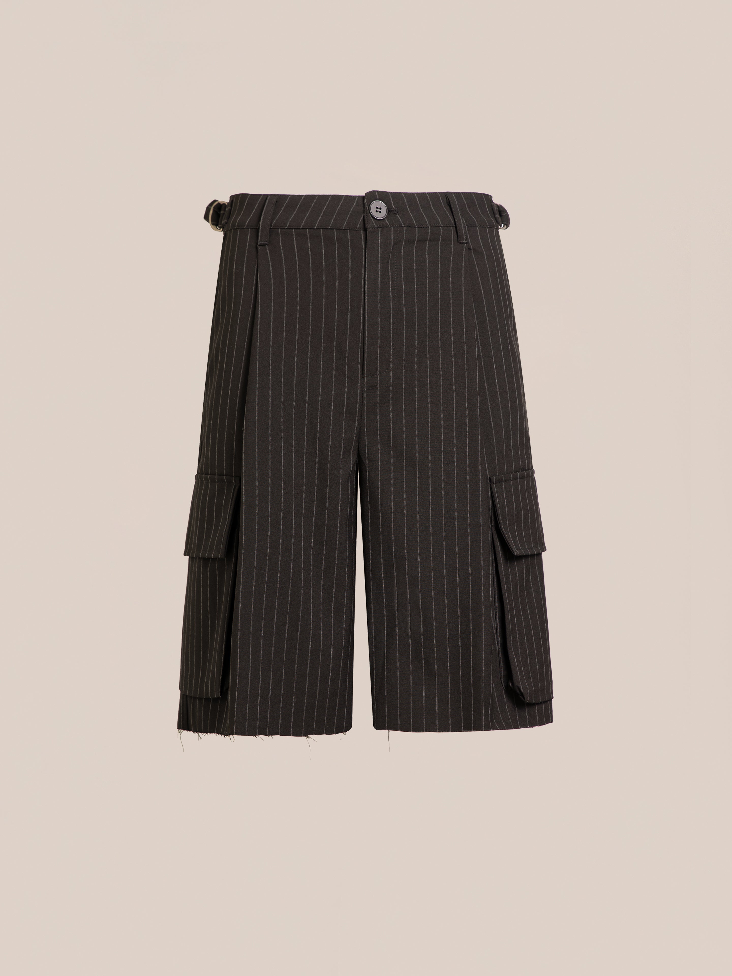 Hava Pinstripe Pleated Cargo Trouser Shorts | Modern Menswear by yycbvcnbmmnbm