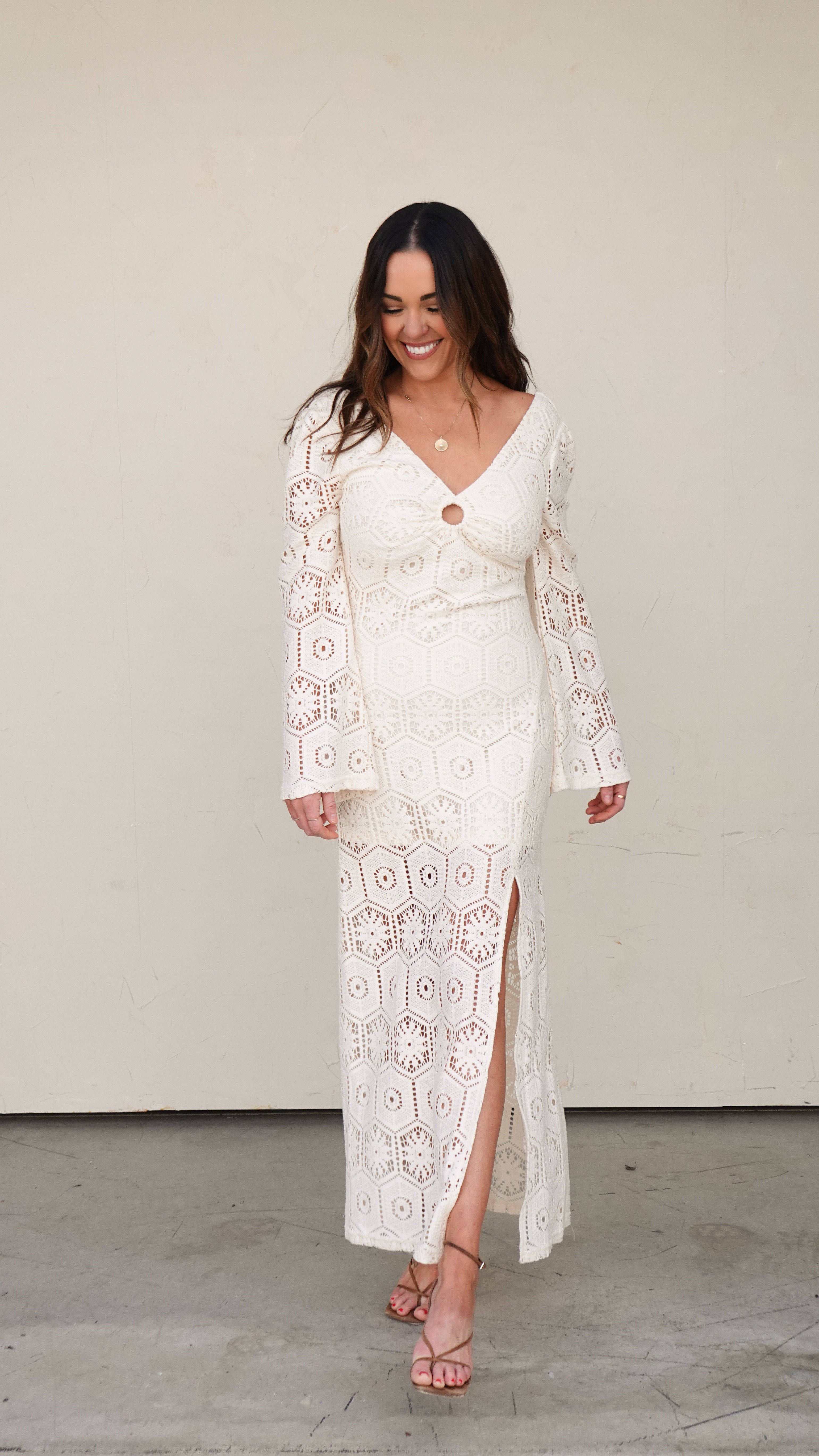Ivory Crochet Long-Sleeve Maxi Dress | Elegant Women's Fashion by coolavocek