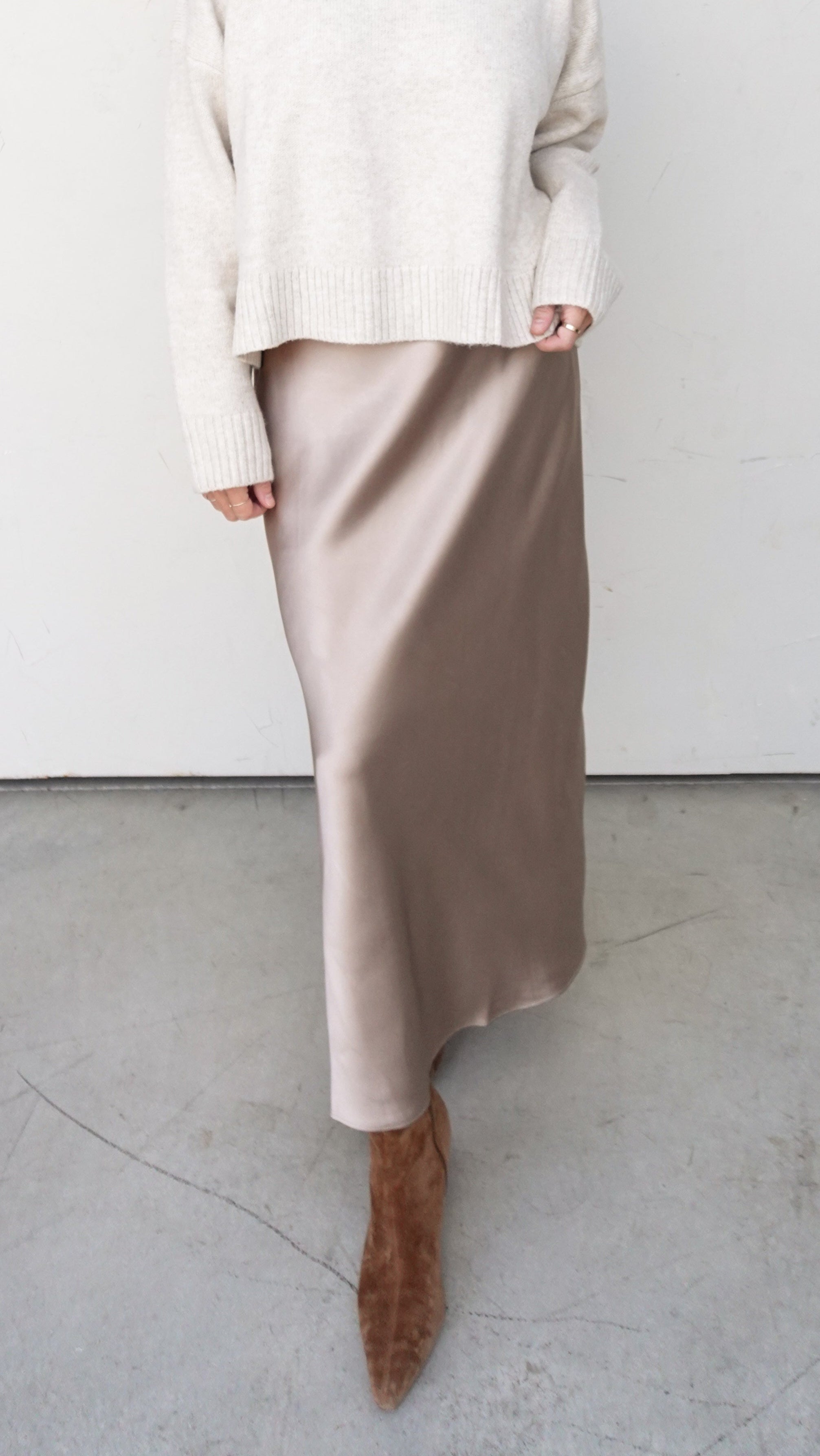 Champagne Satin Midi Skirt | Elegant Women's Fashion by coolavocek