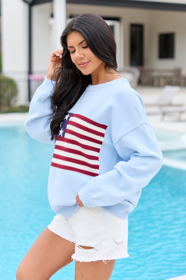 Home Of The Free Light Blue Textured Flag Sweater DOORBUSTER | Elegant Women's Fashion by coolavocek