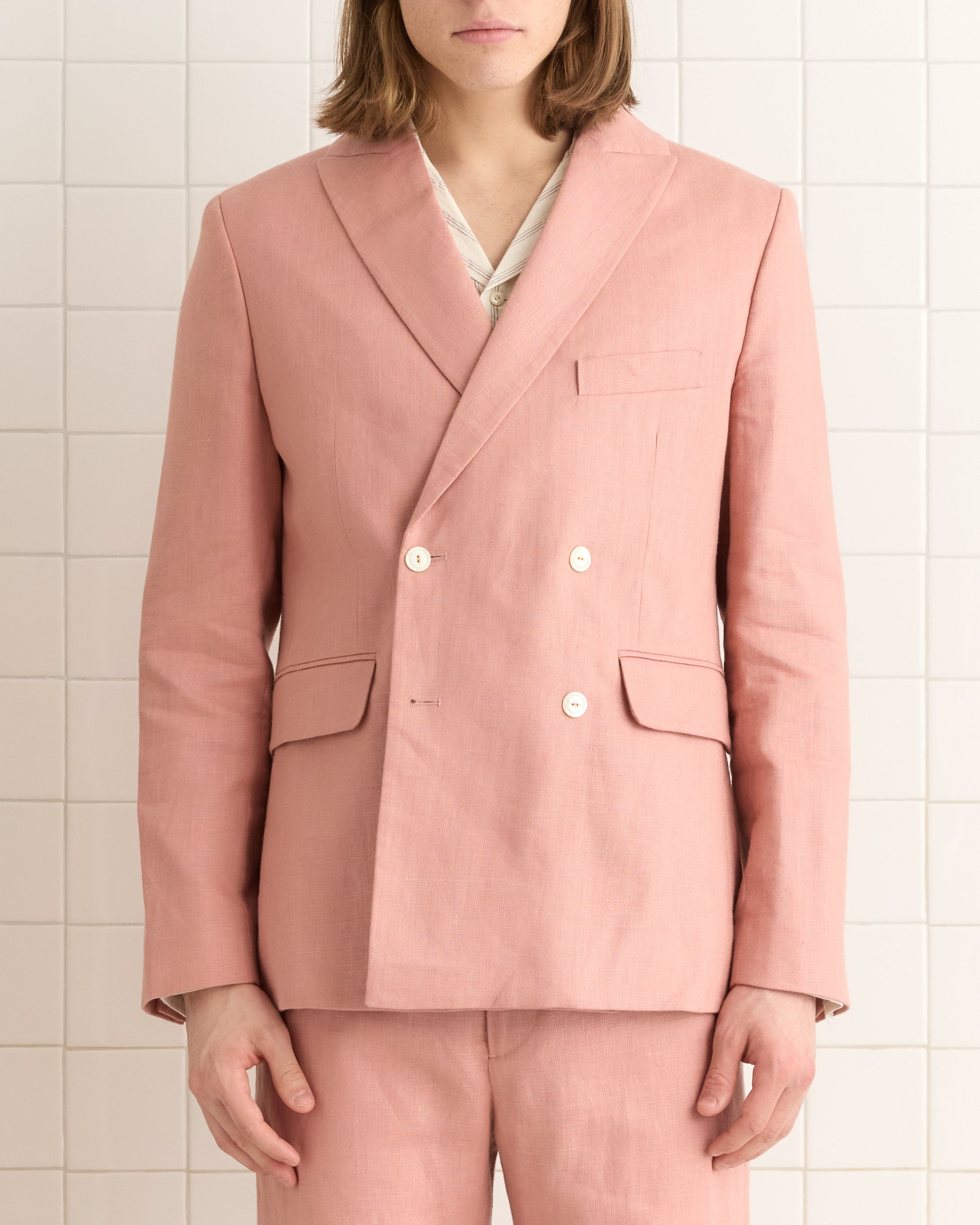 Lightweight Linen Double-Breasted Suit Jacket - Pink | Modern Menswear by yycbvcnbmmnbm