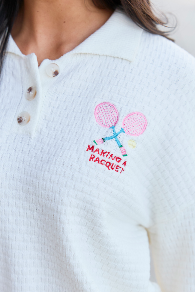 Making A Racquet Ivory Embroidered Pullover | Elegant Women's Fashion by coolavocek