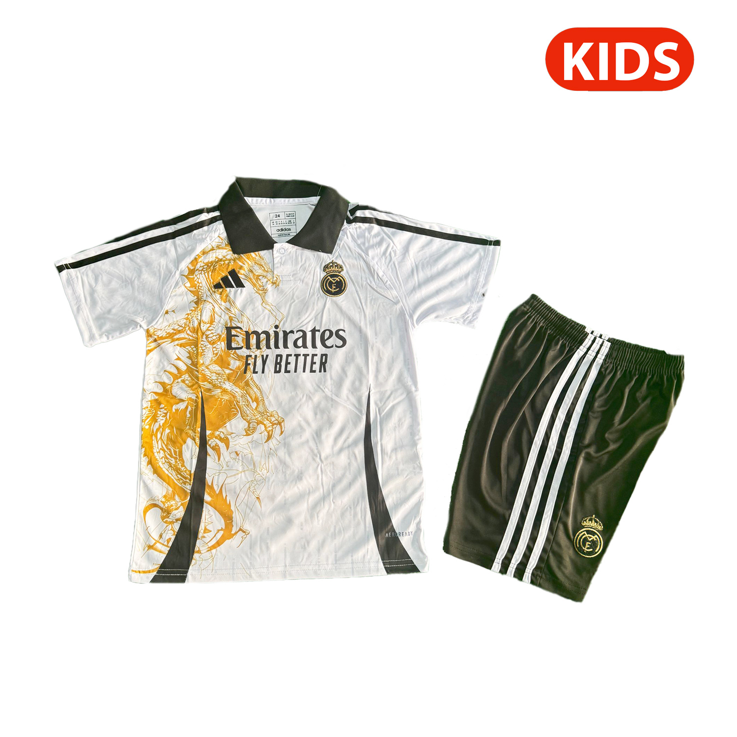AlphaJersey-Real Madrid 25-26 Golden Dragon White Special Polo Kids Kit