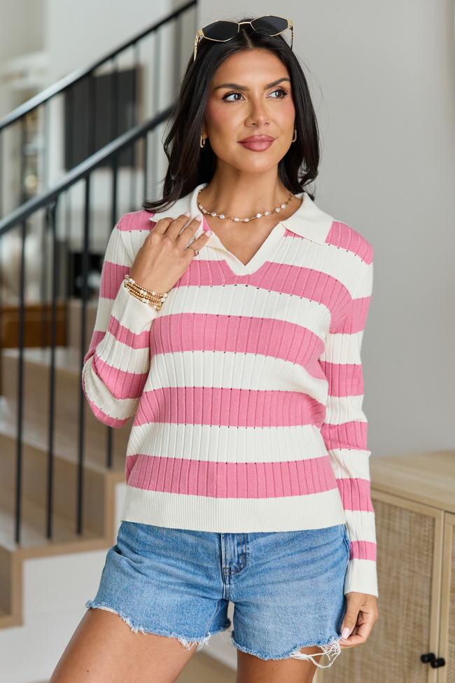Hillary Pink Striped V-Neck Sweater | Elegant Women's Fashion by coolavocek