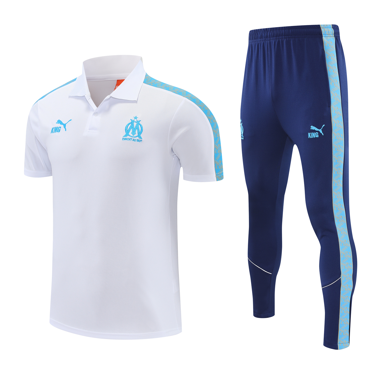 AlphaJersey-Marseille 25-26 POLO Short-Sleeve Training Set - White Top and Dark Blue Pants