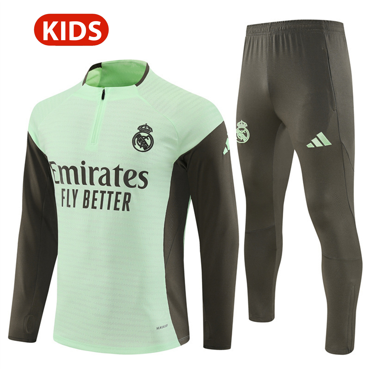 AlphaJersey-Real Madrid 25-26 Kids Long Sleeve Training Set - Player Version - Light Green Top and Khaki Pants