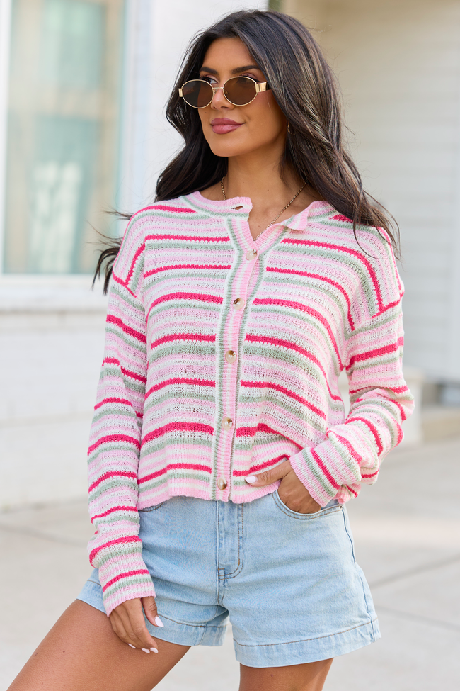 Saylor Pink And Green Striped Cardigan | Elegant Women's Fashion by coolavocek