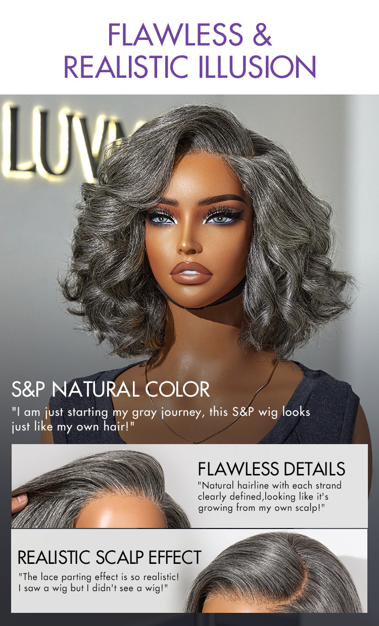 Elegant Salt & Pepper Grey Wig Loose Body Wave Glueless Minimalist Lace Short Wig Pre-Cut Lace