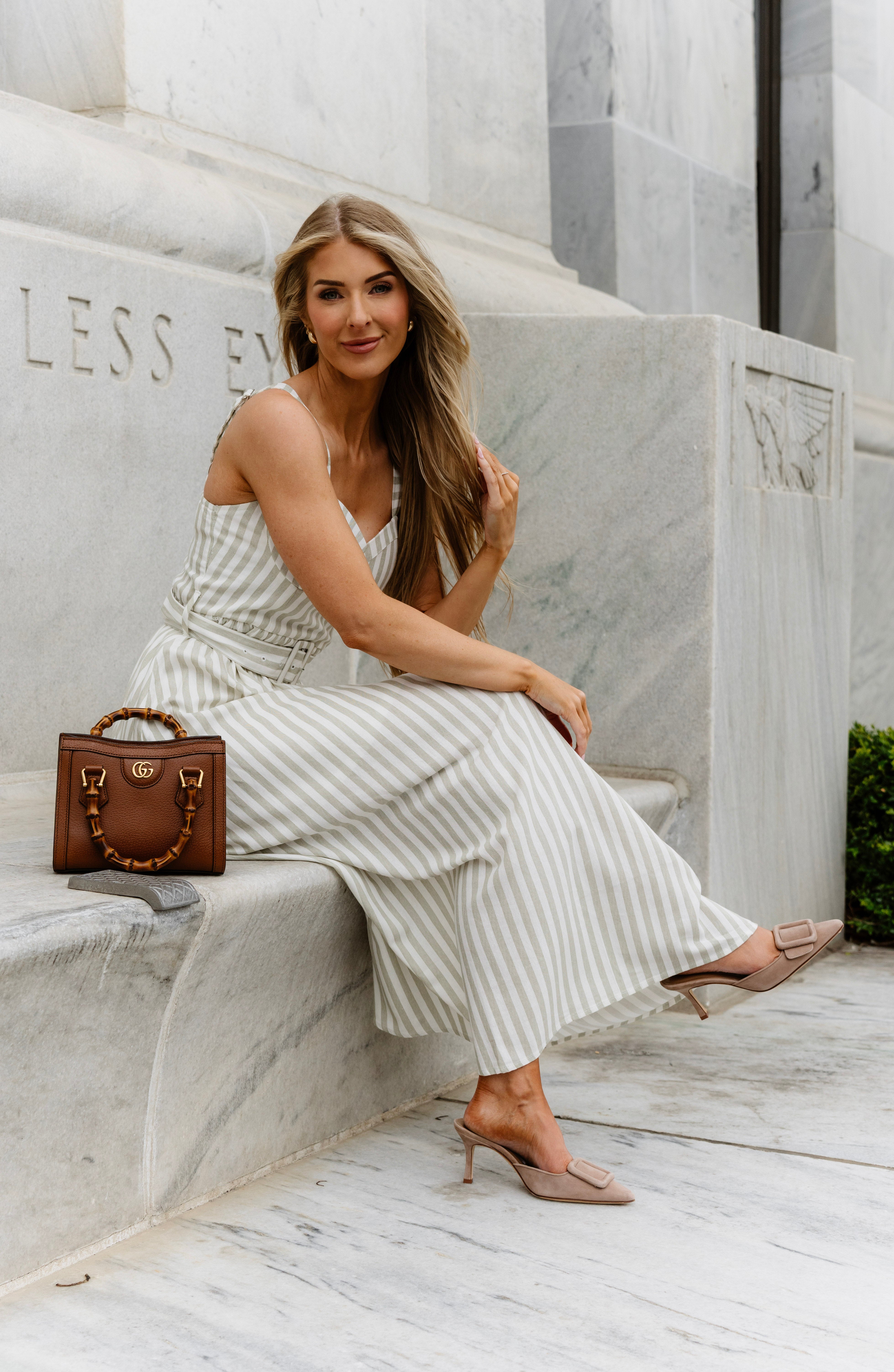 Green Stripe Belted Midi Dress | Elegant Women's Fashion by coolavocek