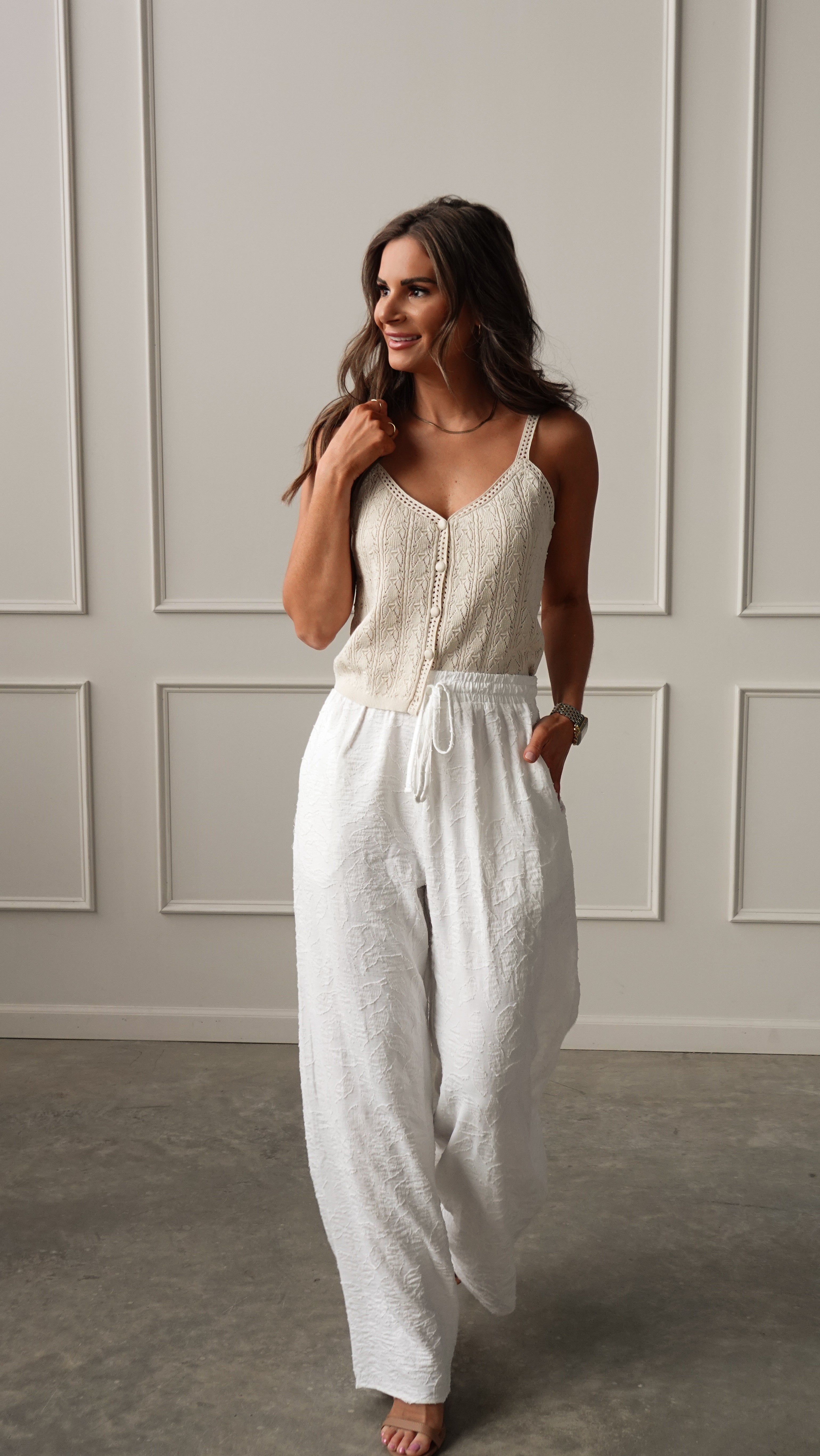 Off-White Textured Drawstring Pant | Elegant Women's Fashion by coolavocek