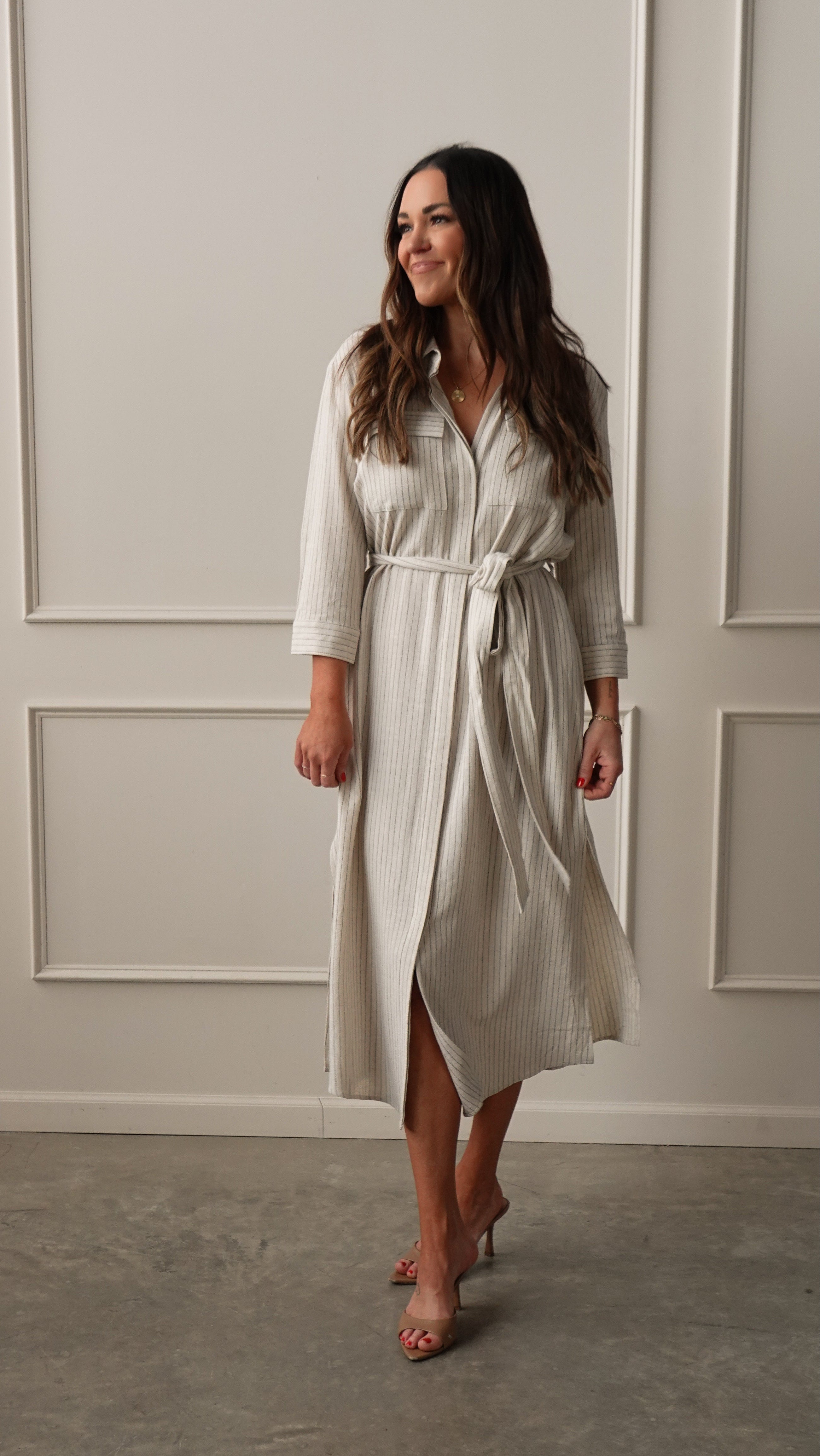 Pinstripe Woven Shirt Dress | Elegant Women's Fashion by coolavocek