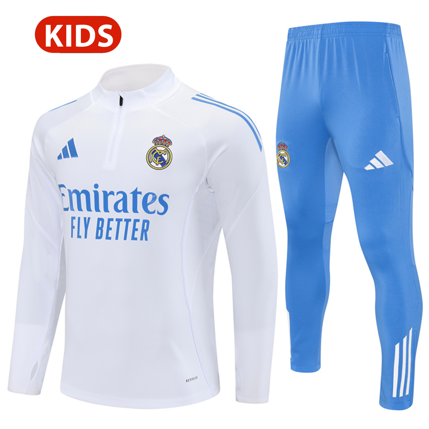 AlphaJersey-Real Madrid 25-26 Kids Long Sleeve Training Set - White Top & Blue Pants