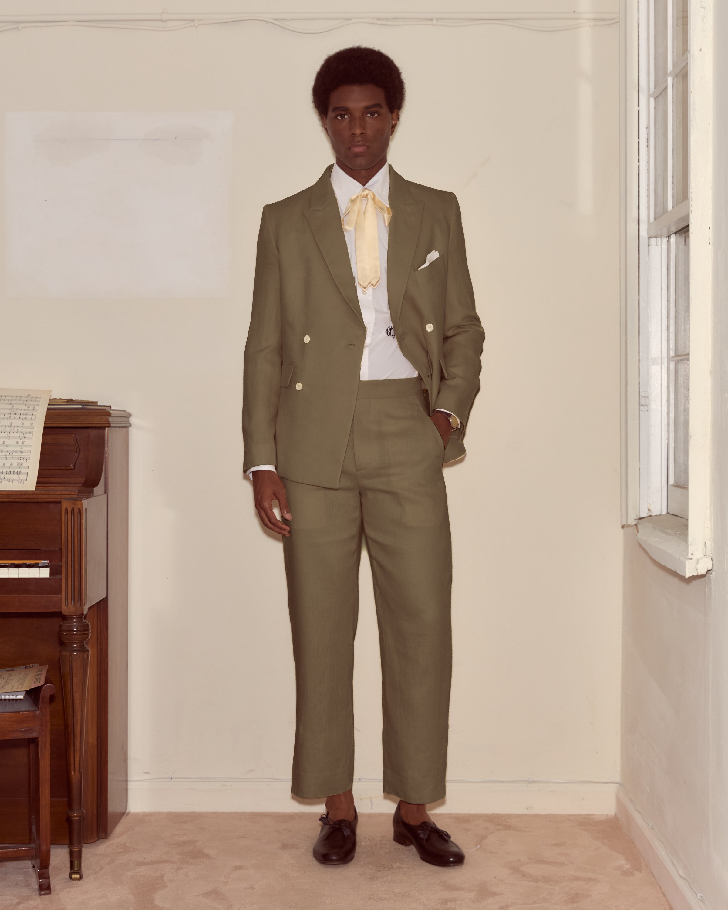 Lightweight Linen Double-Breasted Suit Jacket - Olive | Modern Menswear by yycbvcnbmmnbm