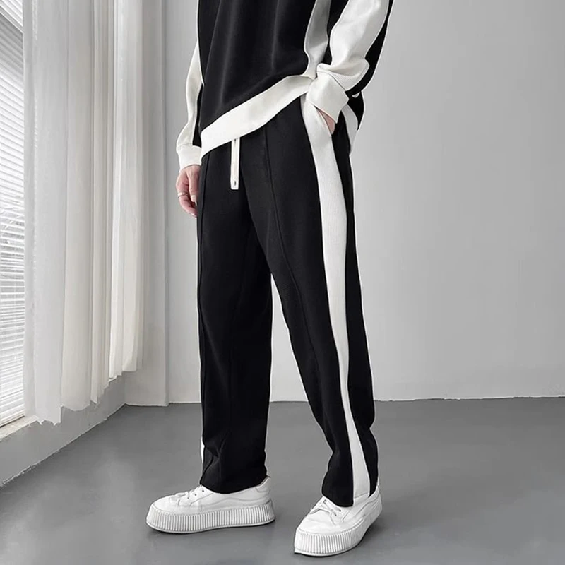 Spring Autumn Korean Fashion Patchwork Sweatshirt Elastic Casual Sweatpants Set Men Loose Comfortable Sporty Pullover Top Pants
