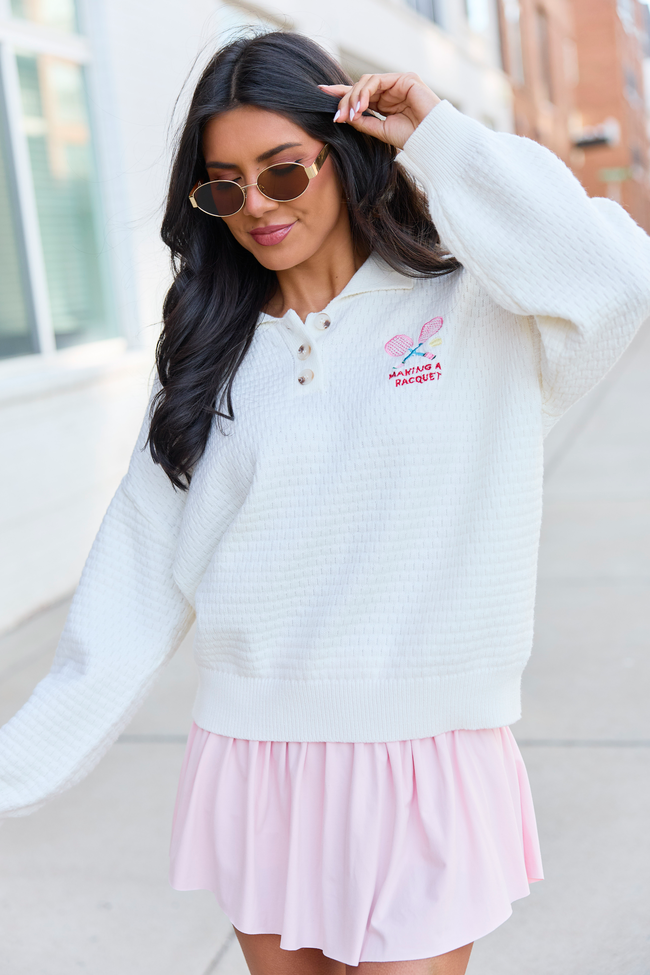 Making A Racquet Ivory Embroidered Pullover | Elegant Women's Fashion by coolavocek