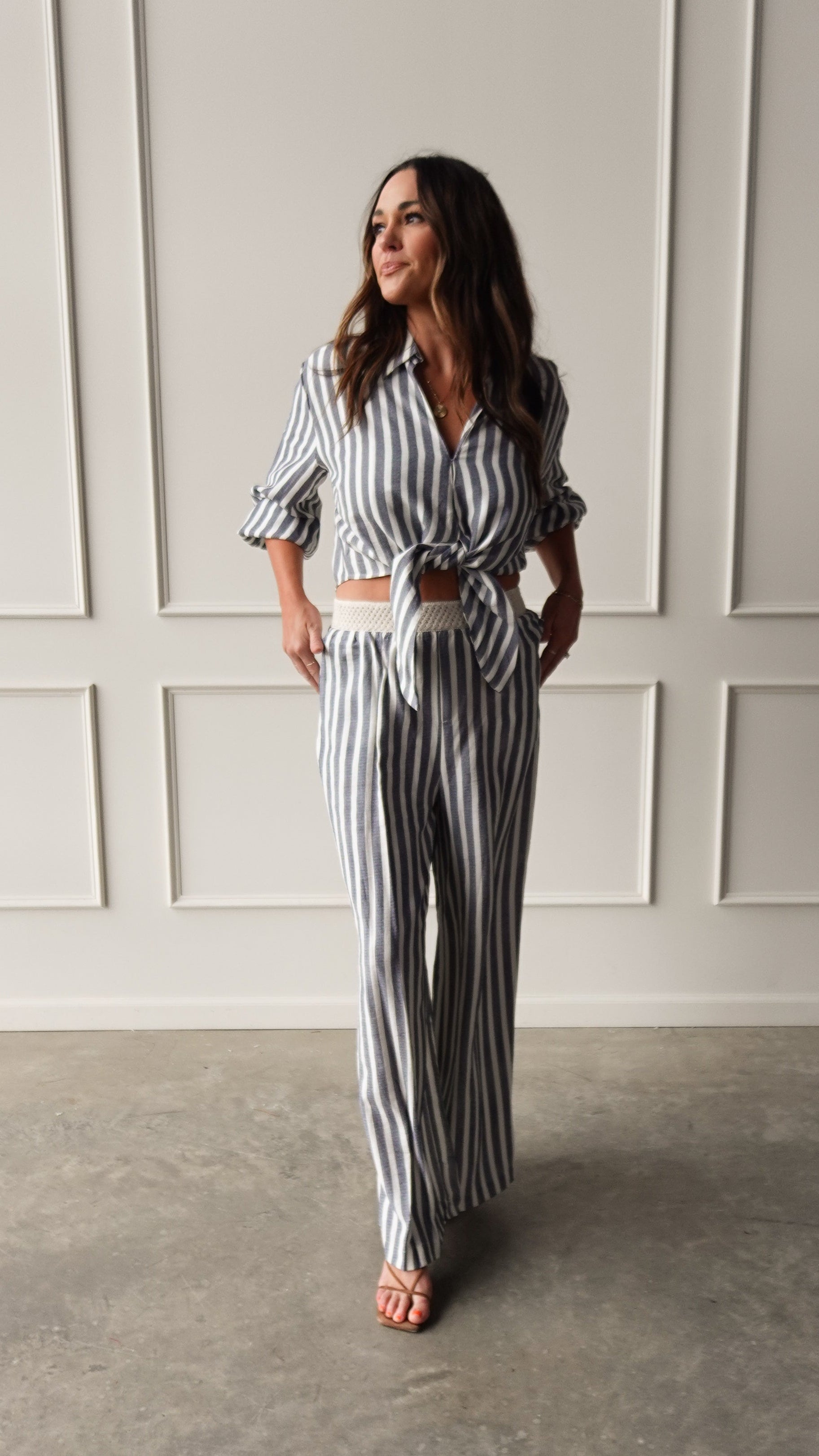 Chambray Striped Elastic Waist Pant | Elegant Women's Fashion by coolavocek