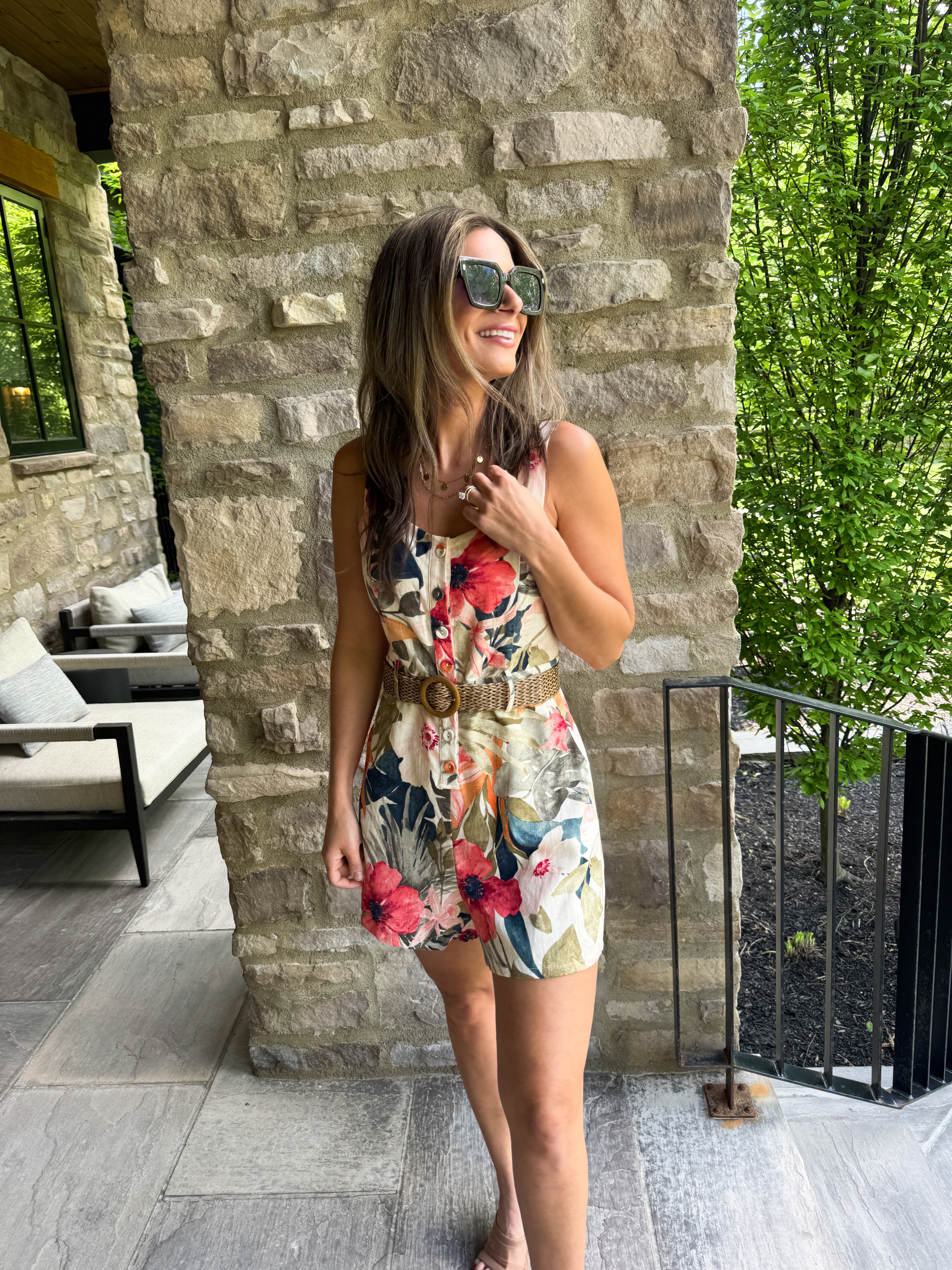 Floral Linen Belted Romper | Elegant Women's Fashion by coolavocek