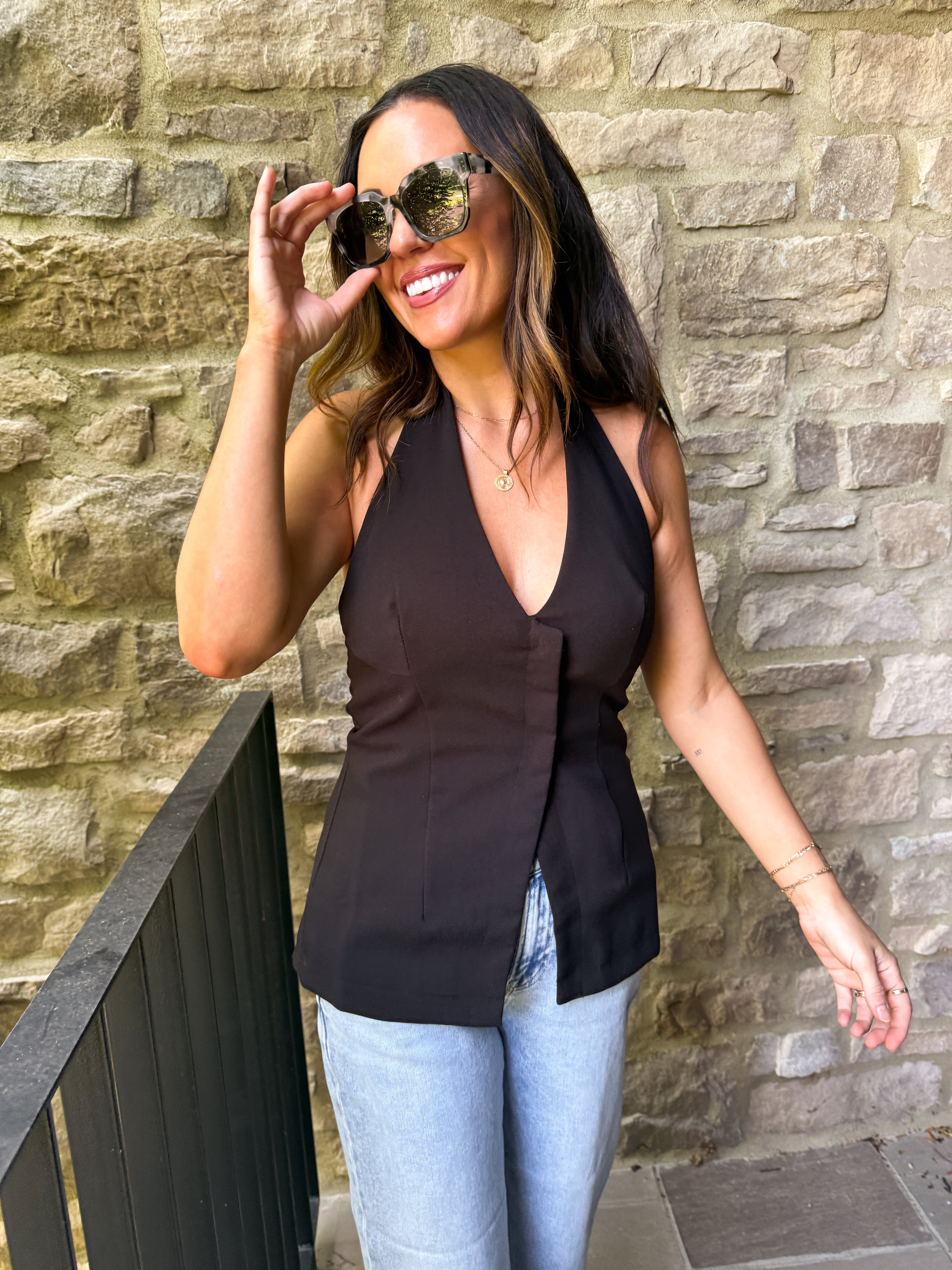 Black V-Neck Halter Top | Elegant Women's Fashion by coolavocek