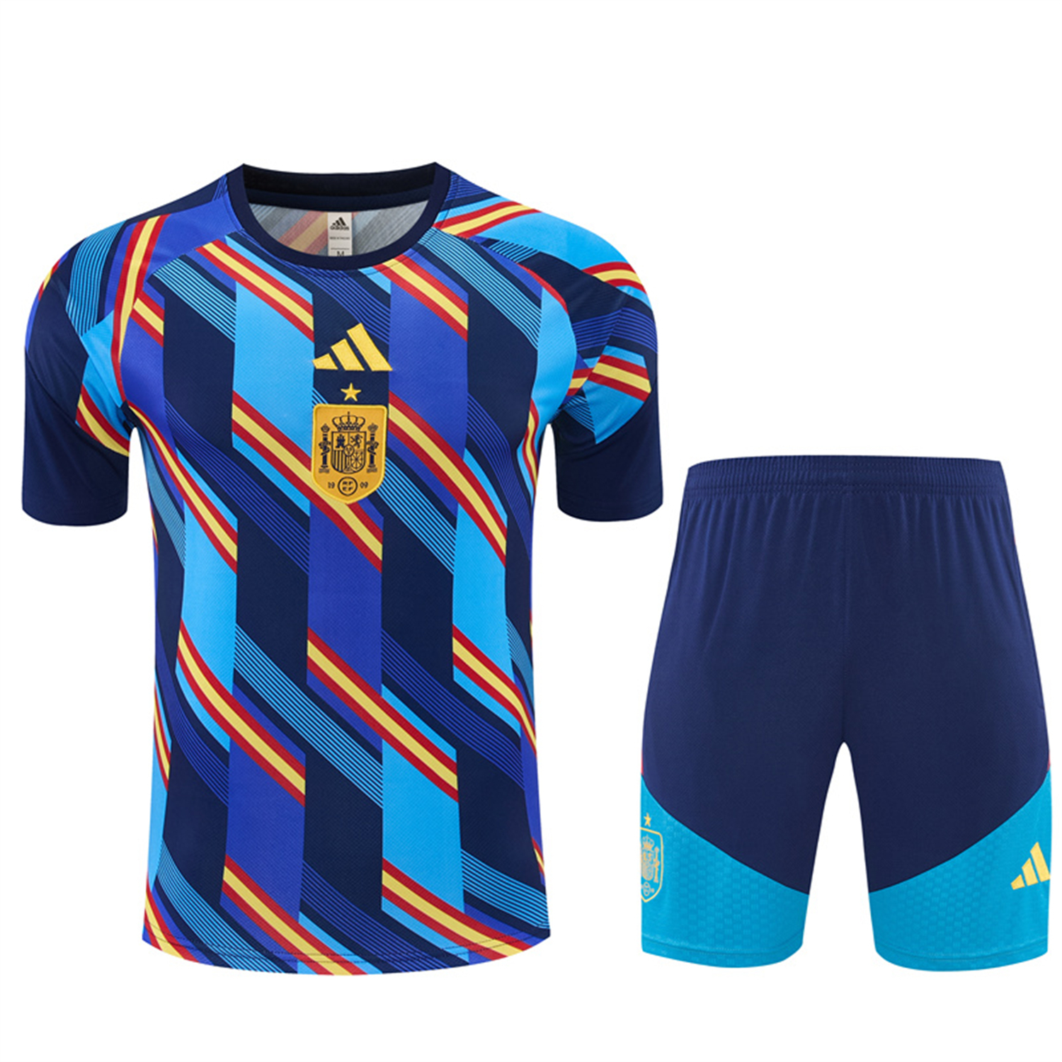 AlphaJersey-Spain 2026 Kids Short-Sleeve Training Set - Royal Blue And Yellow Top & Royal Blue Shorts
