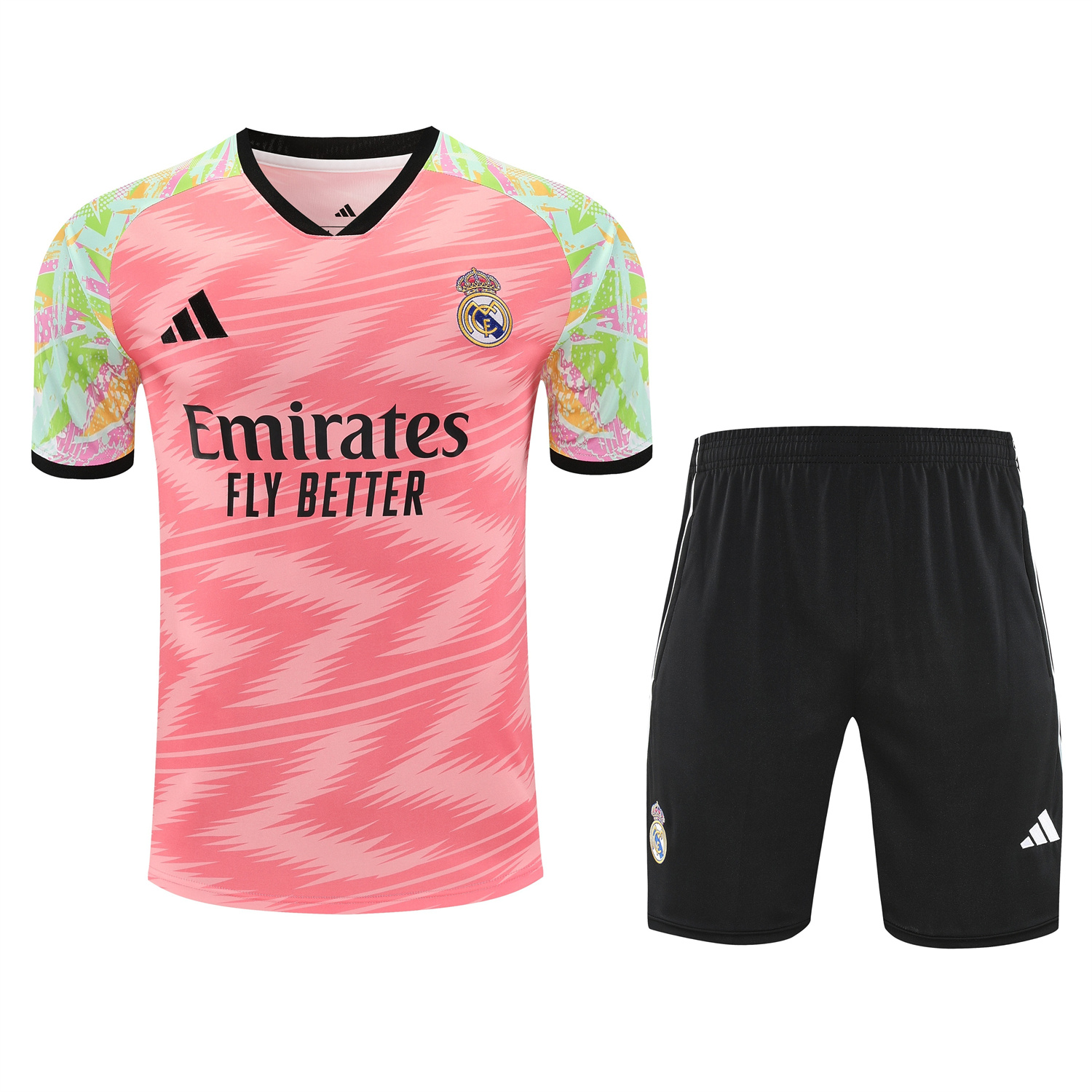 AlphaJersey-Real Madrid 25-26 Short-Sleeve Training Set - Pink Arrow Pattern Top & Black Shorts