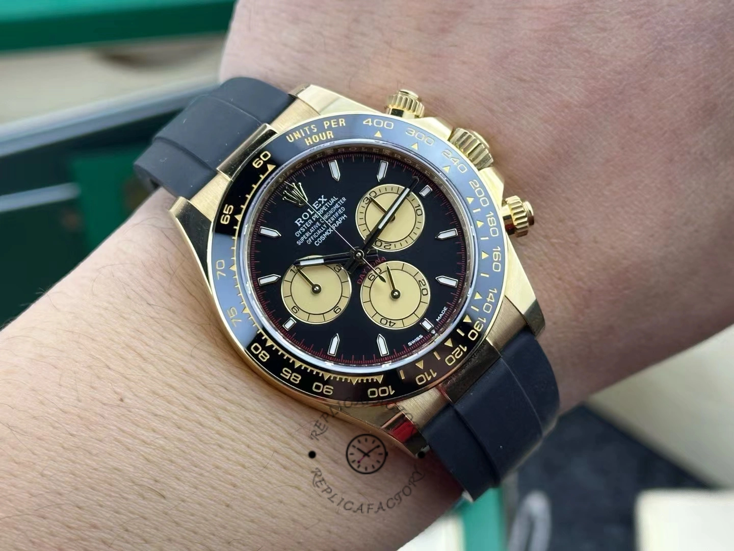 Wrist shot of Rolex Daytona 126518LN 40mm on hand, highlighting elegant dial proportions.
