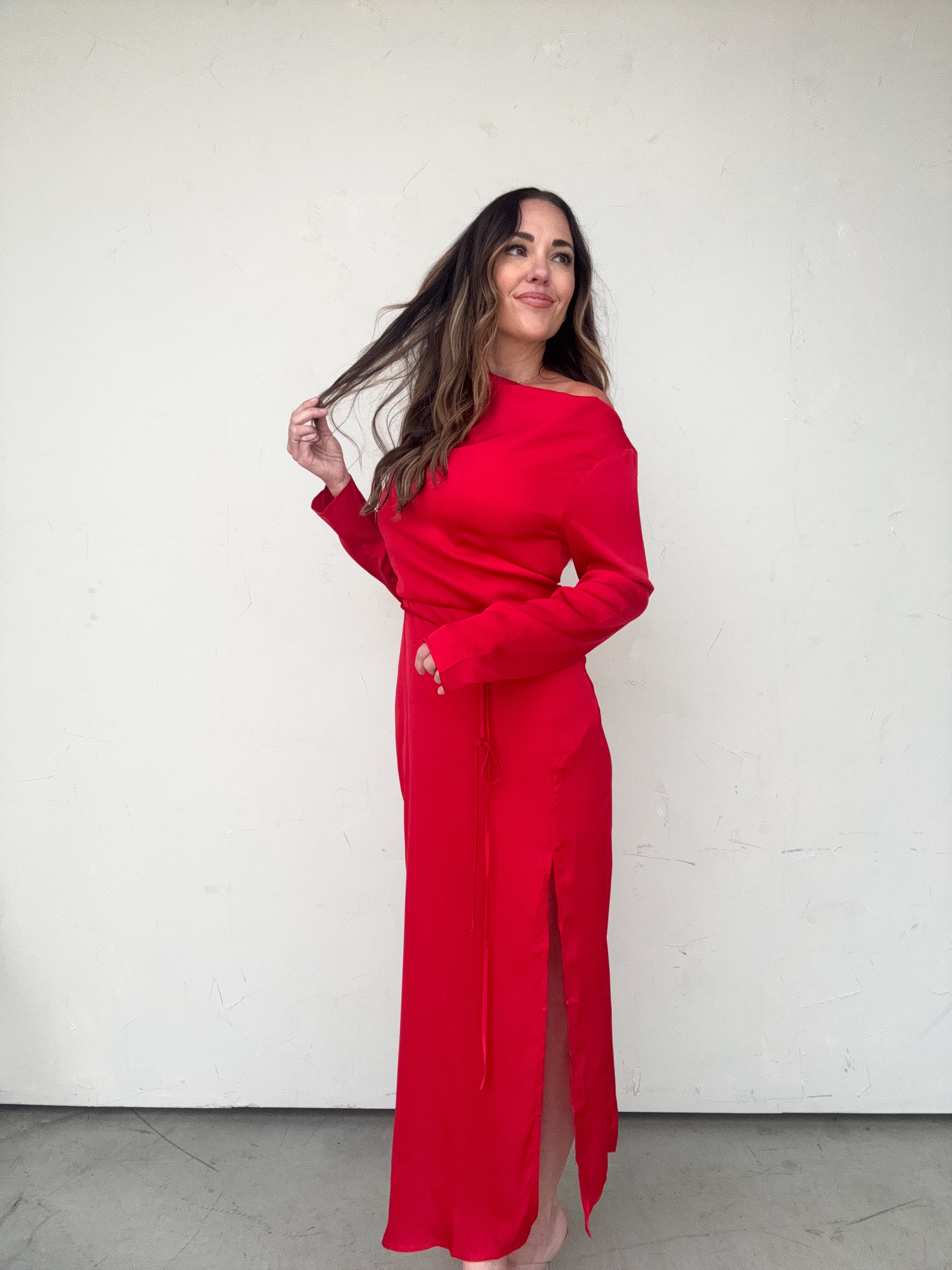 Red Long Sleeve One Shoulder Dress | Elegant Women's Fashion by coolavocek