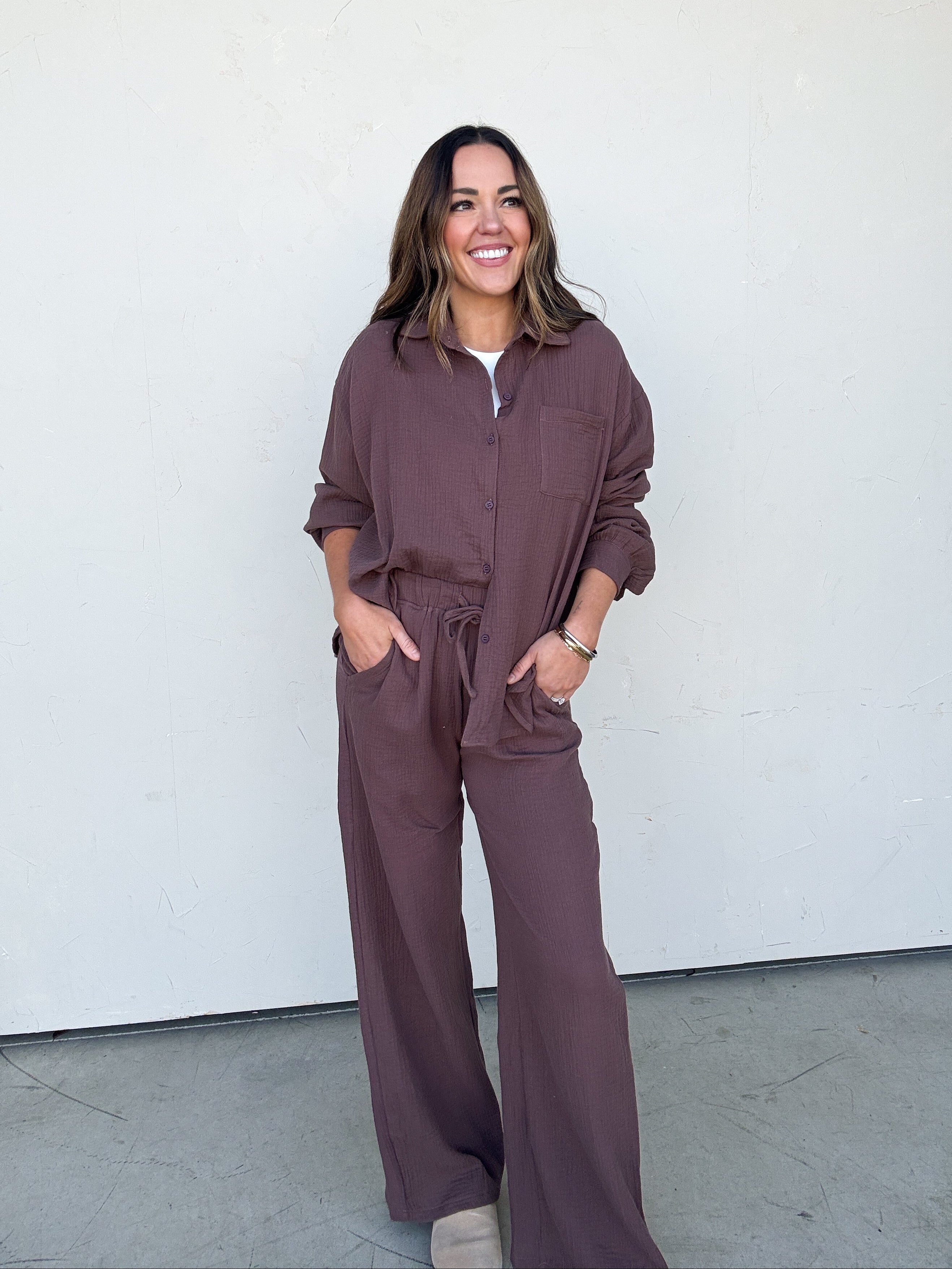Brown Textured Shirt and Pant Set | Elegant Women's Fashion by coolavocek